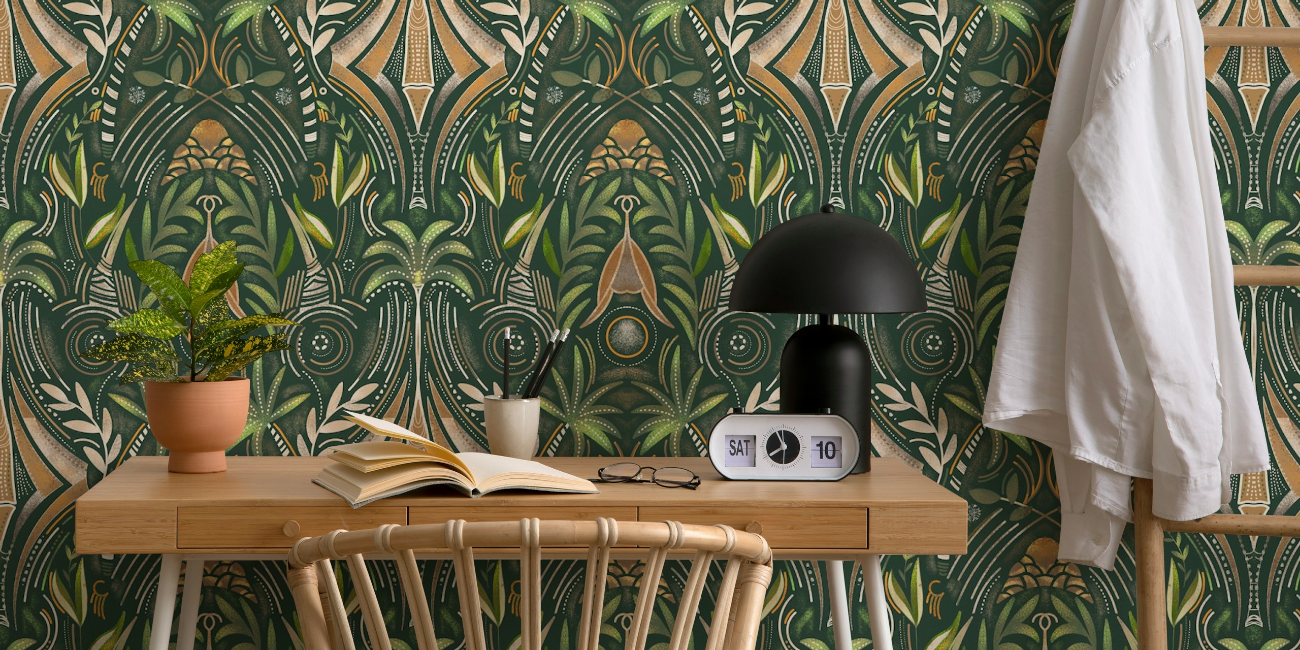 Tropical palm leaves with tribal patterns wall mural