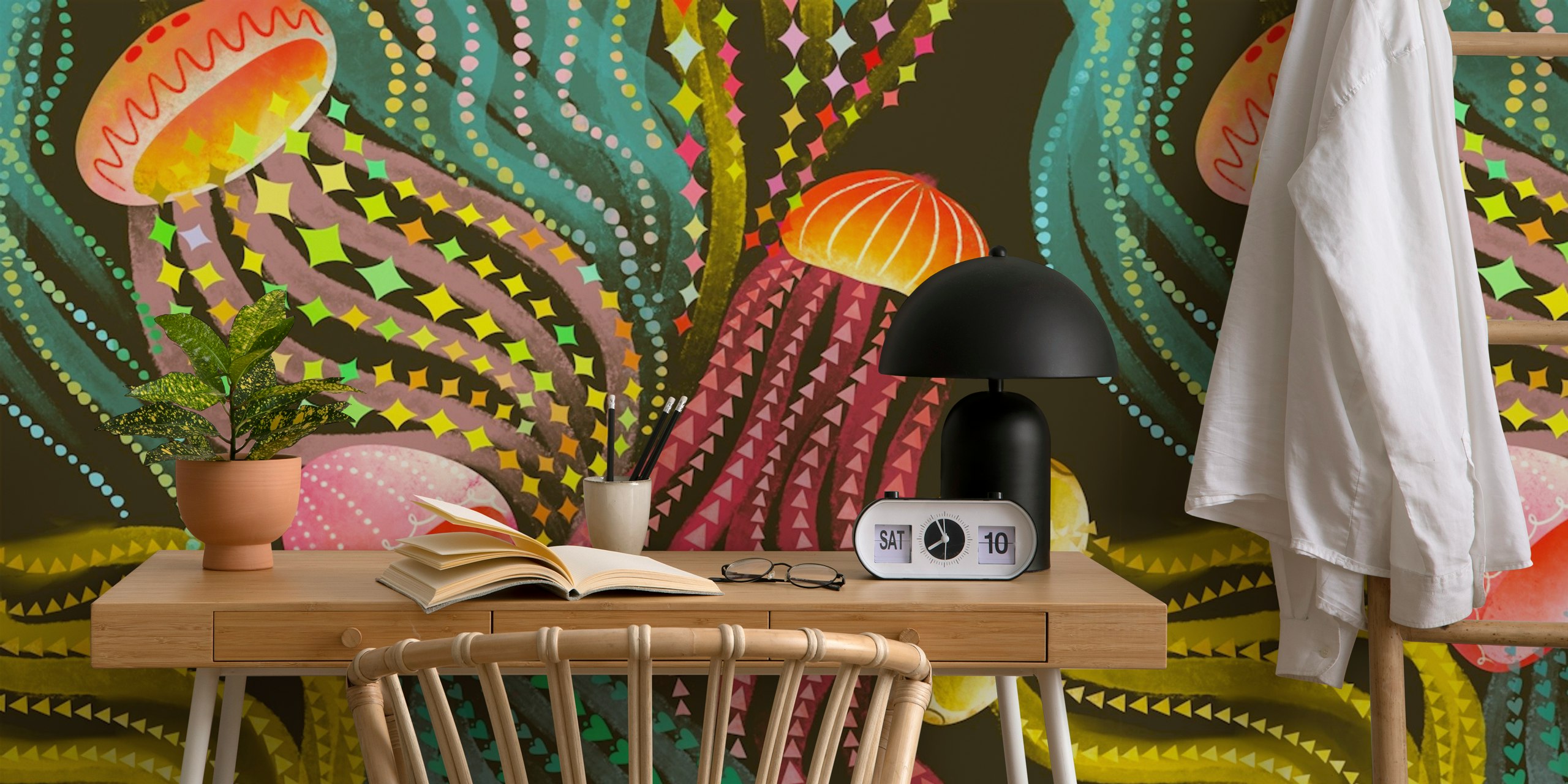 Colorful jellyfish mural with dynamic patterns on a dark background