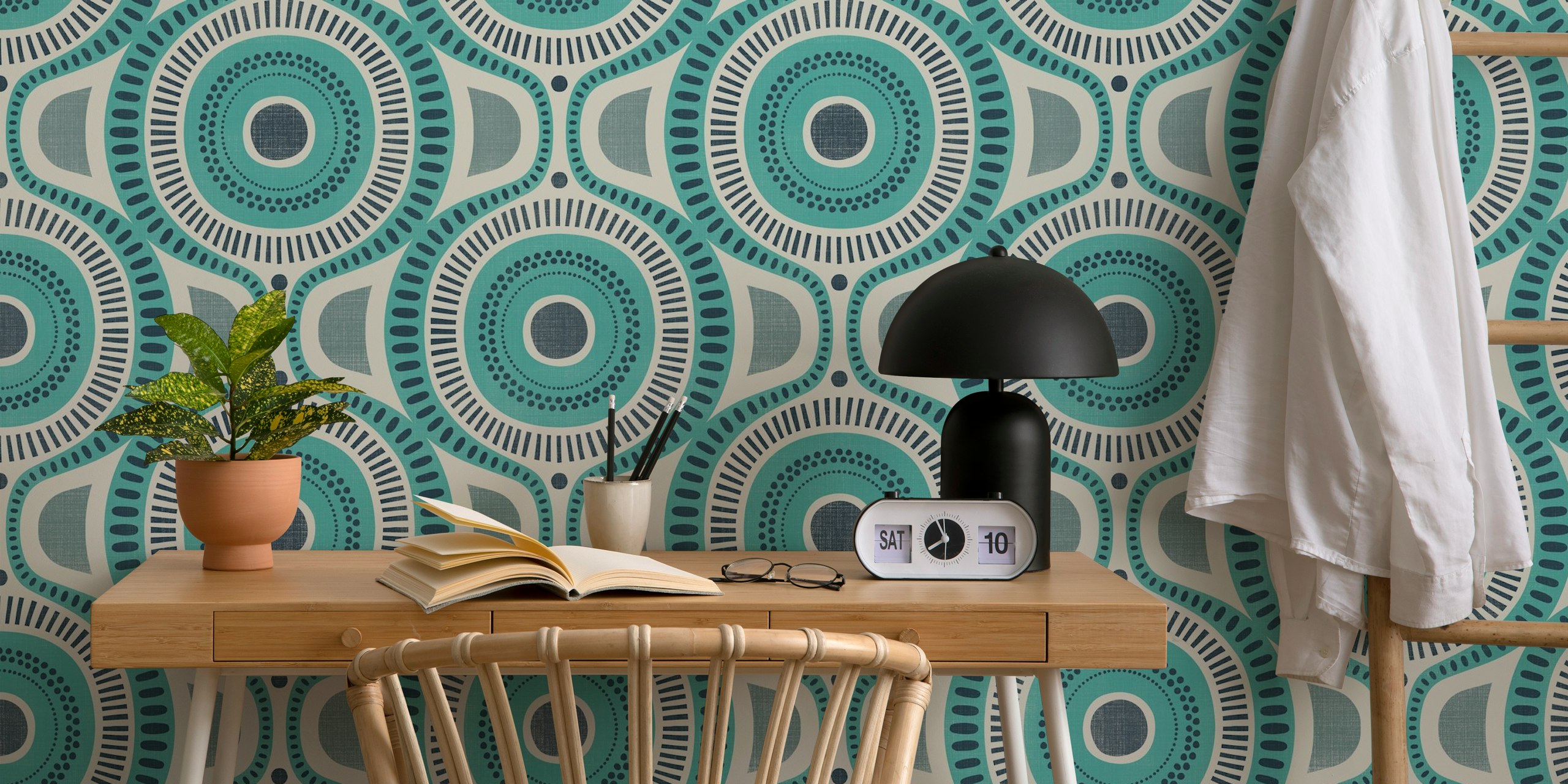 Tyrkysový a modrý geometrický retro vzor na zdi