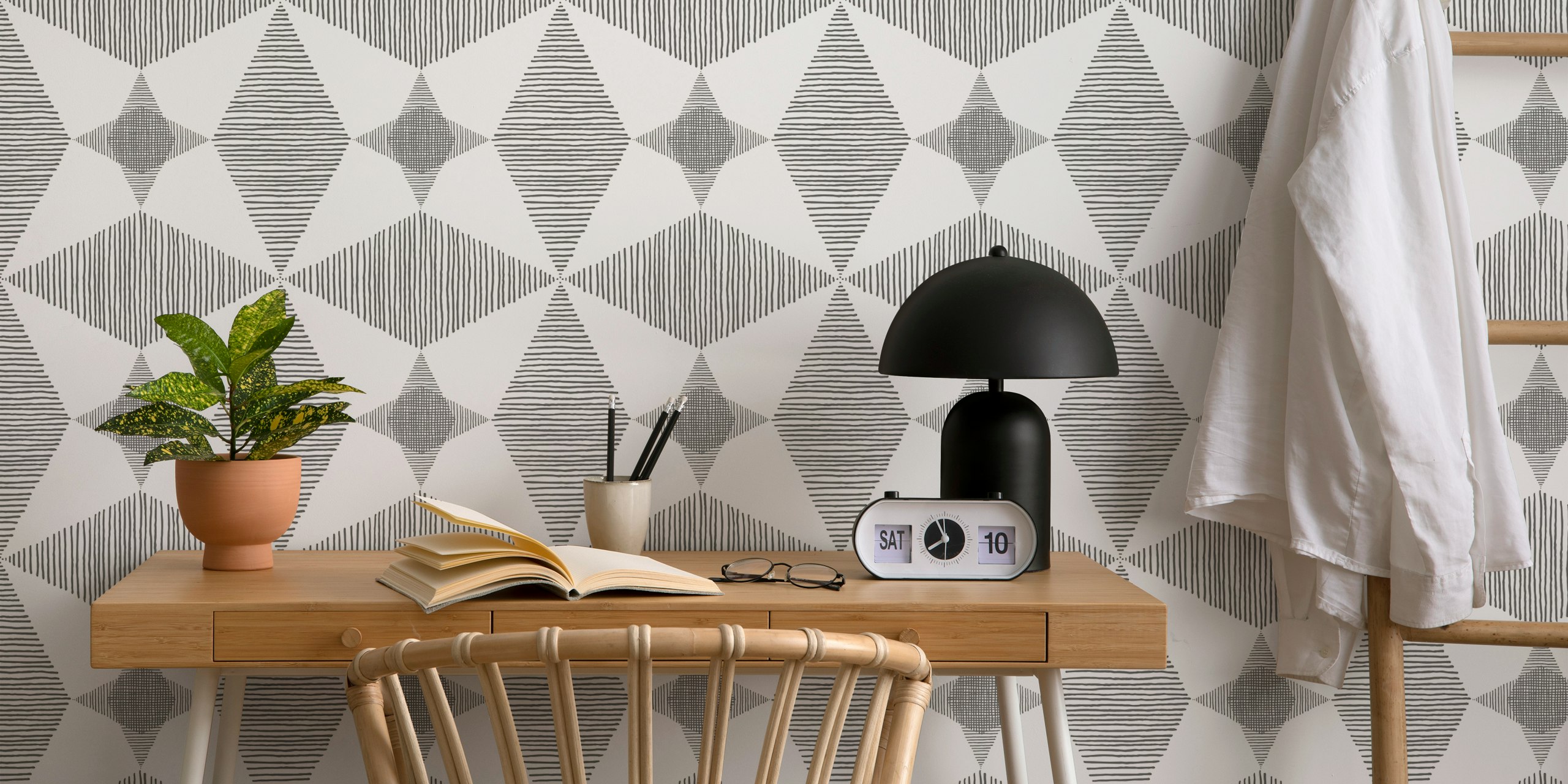 Geometric black and white design with stars and stripes wallpaper