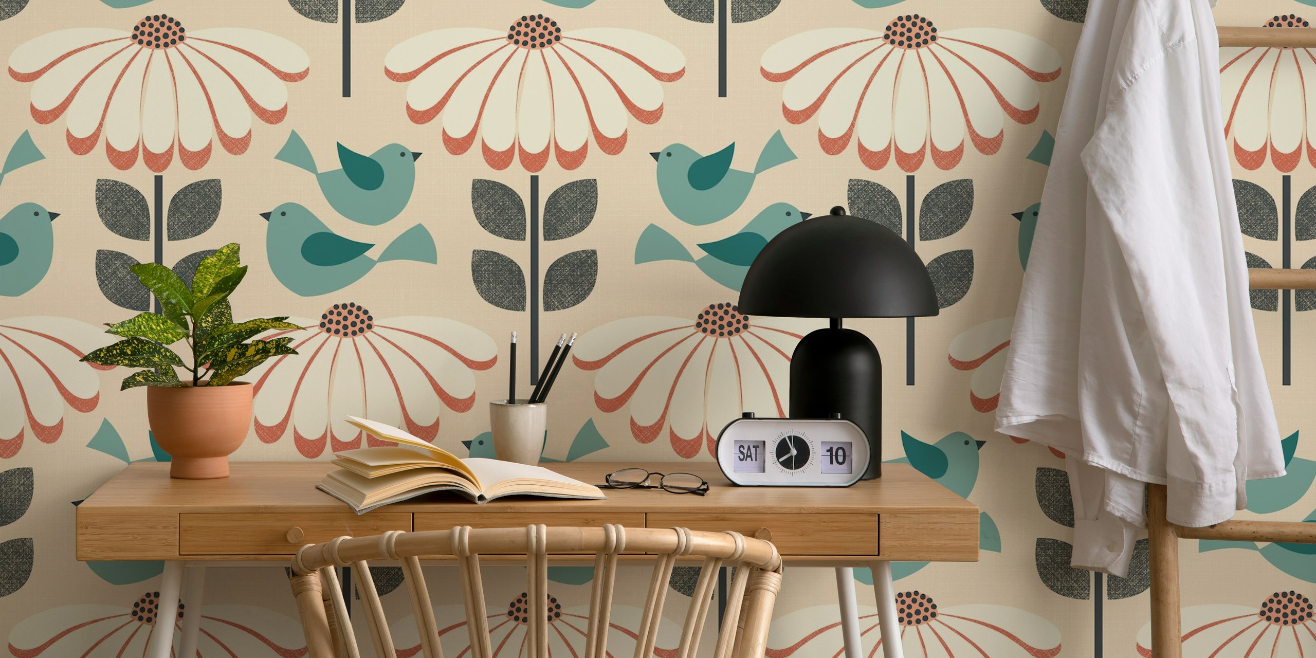 Daisies with fluttering birds - blue, coral