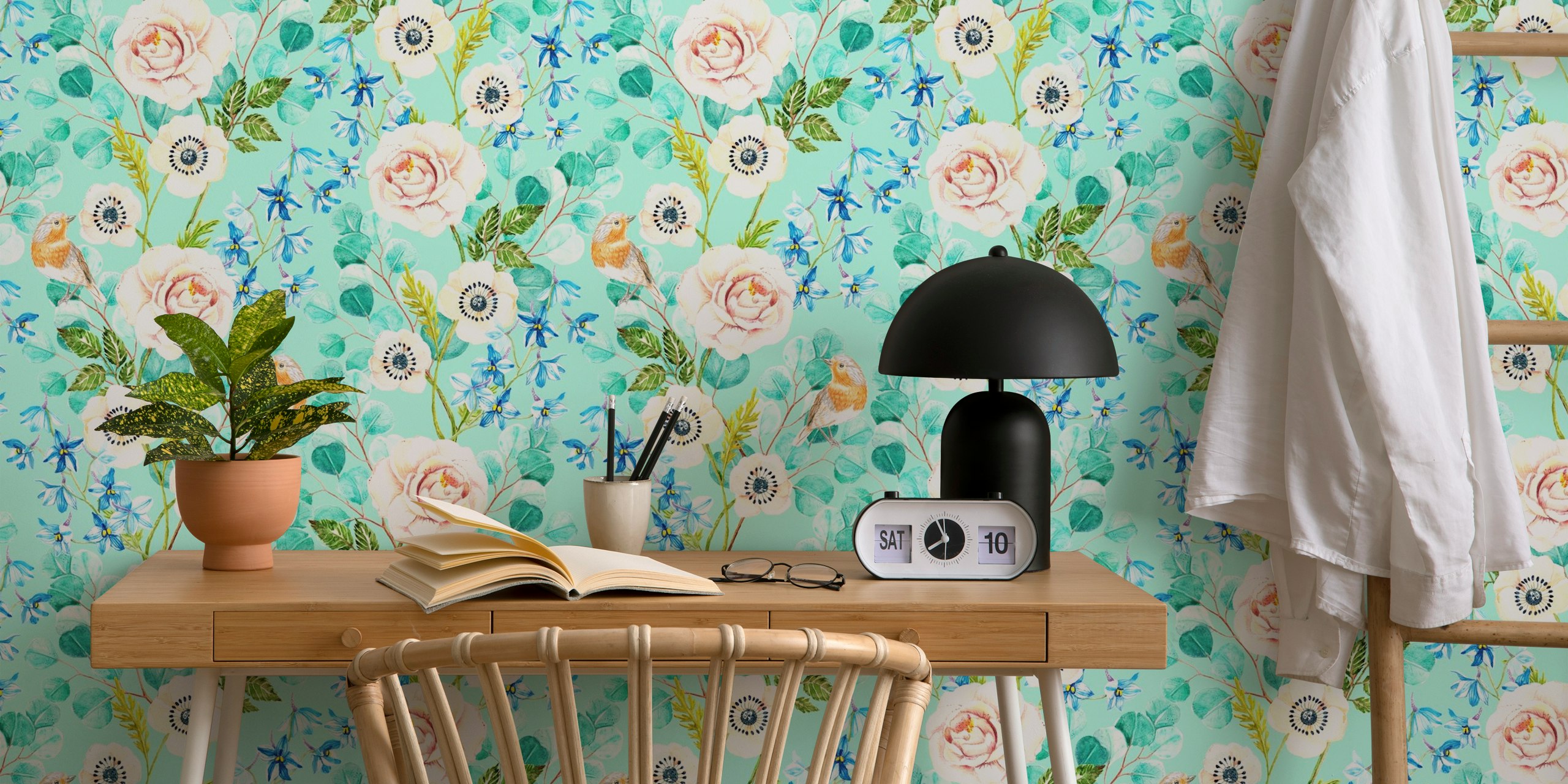 Handpainted flowers and birds wallpaper in a room