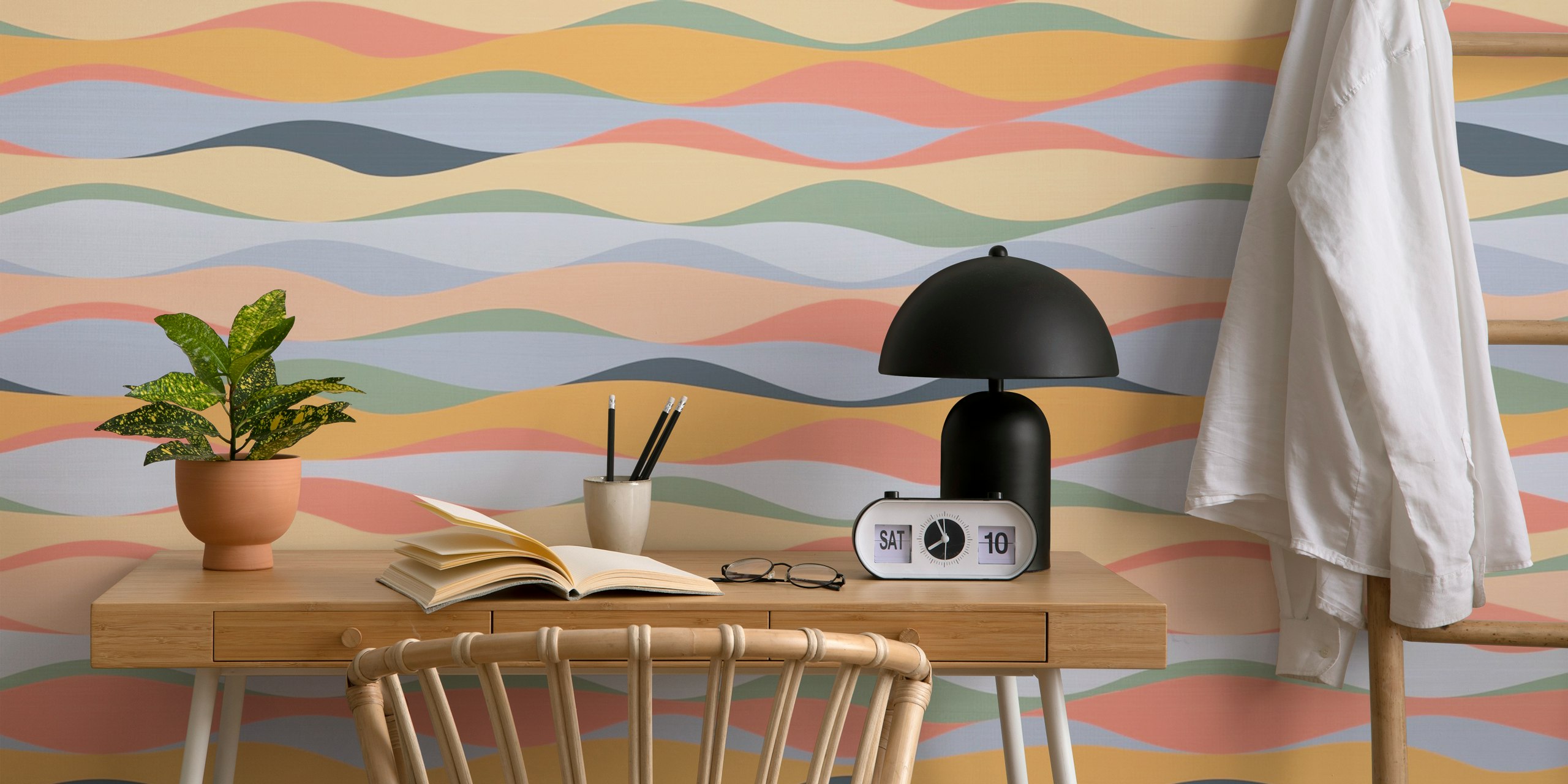 Pastel colored wavy lines wall mural creating a tranquil and serene ambiance.