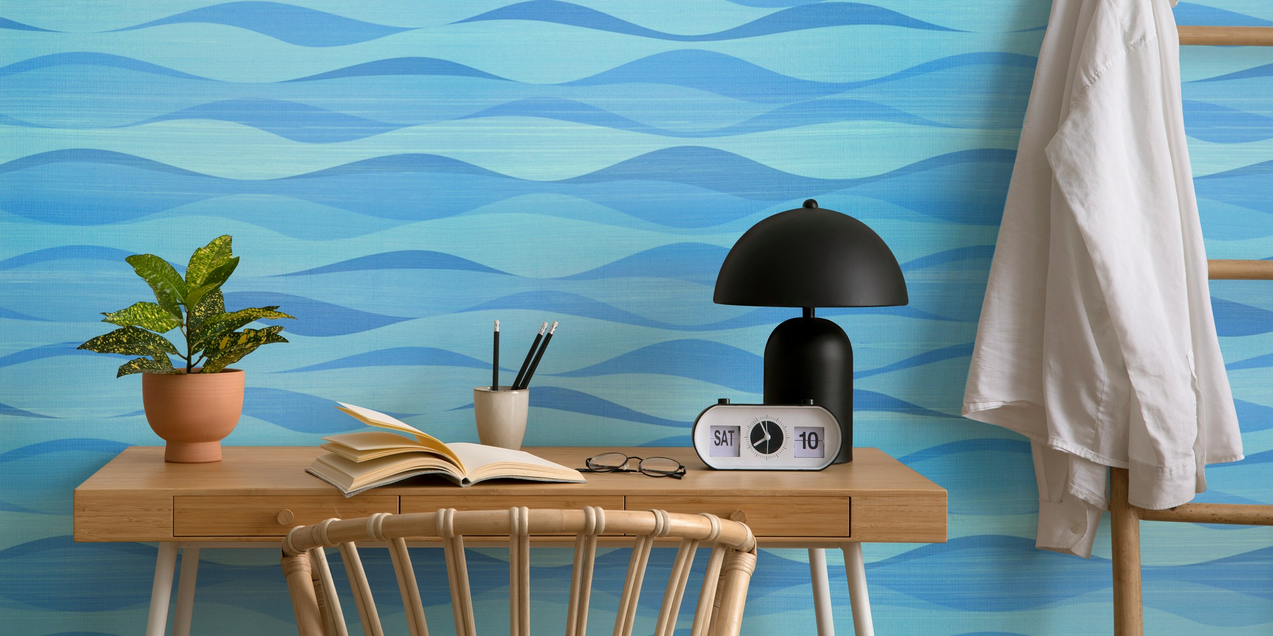 Wavy design in various blue shades wallpaper