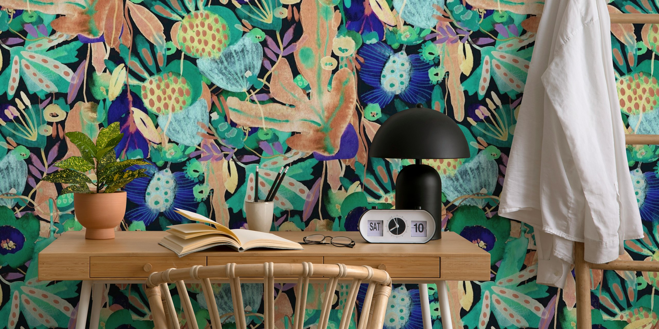 Floral Camouflage wall mural with teal, purple, and green colors