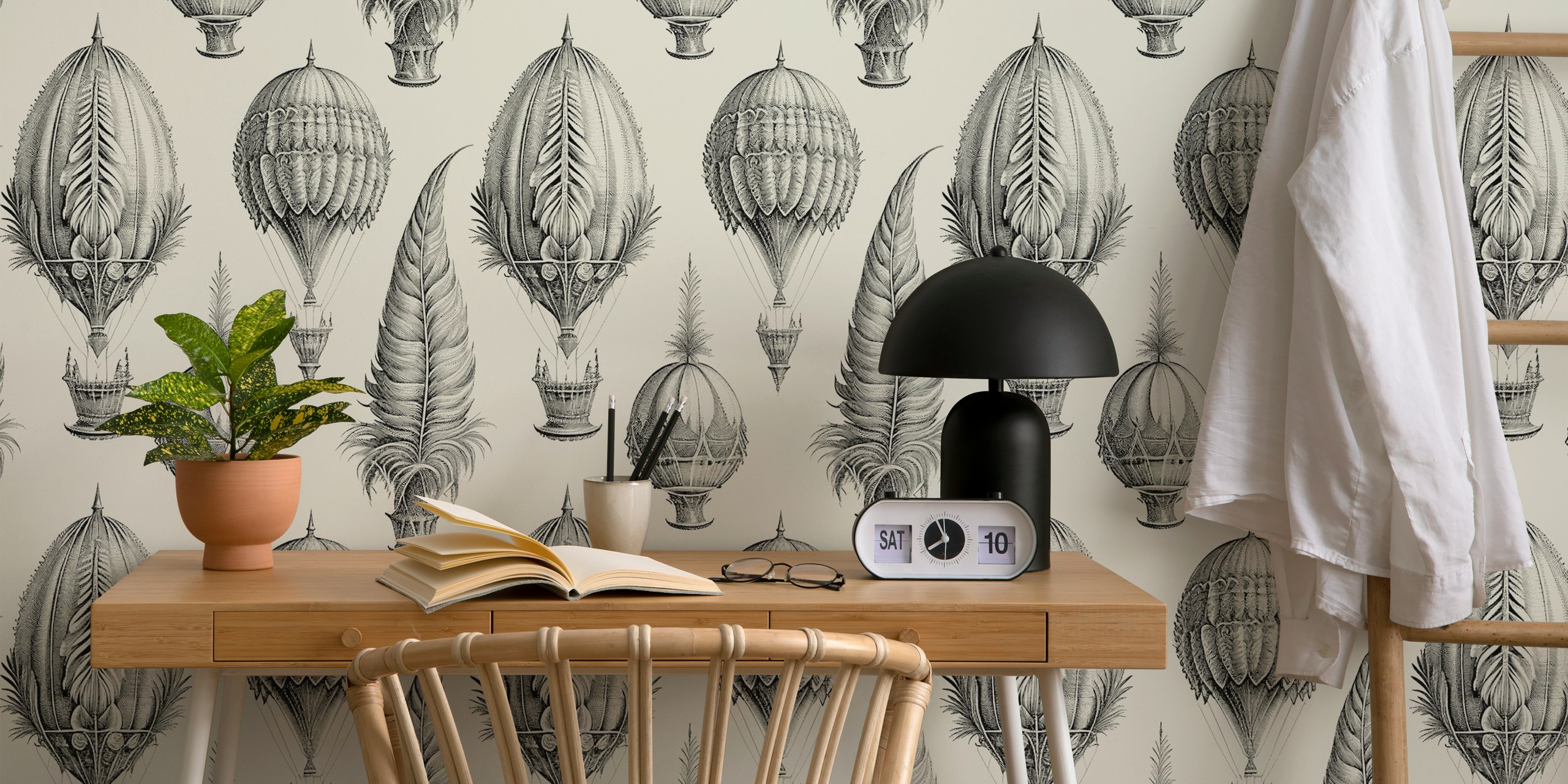 Hot air balloons with intricate details in black and cream wallpaper