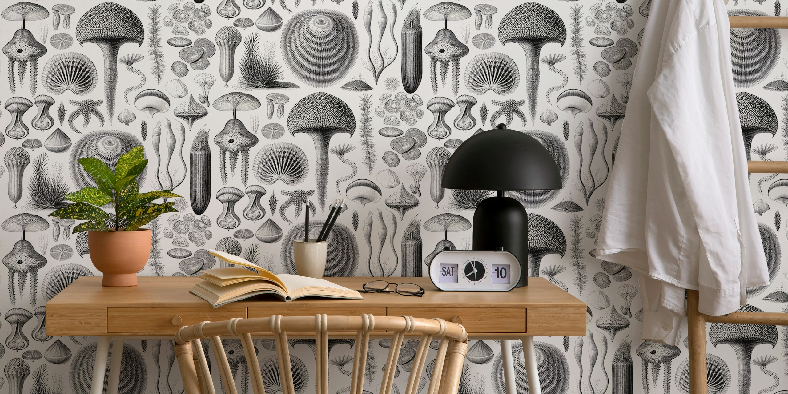 Botanical black and white wallpaper featuring detailed mushrooms and sea life