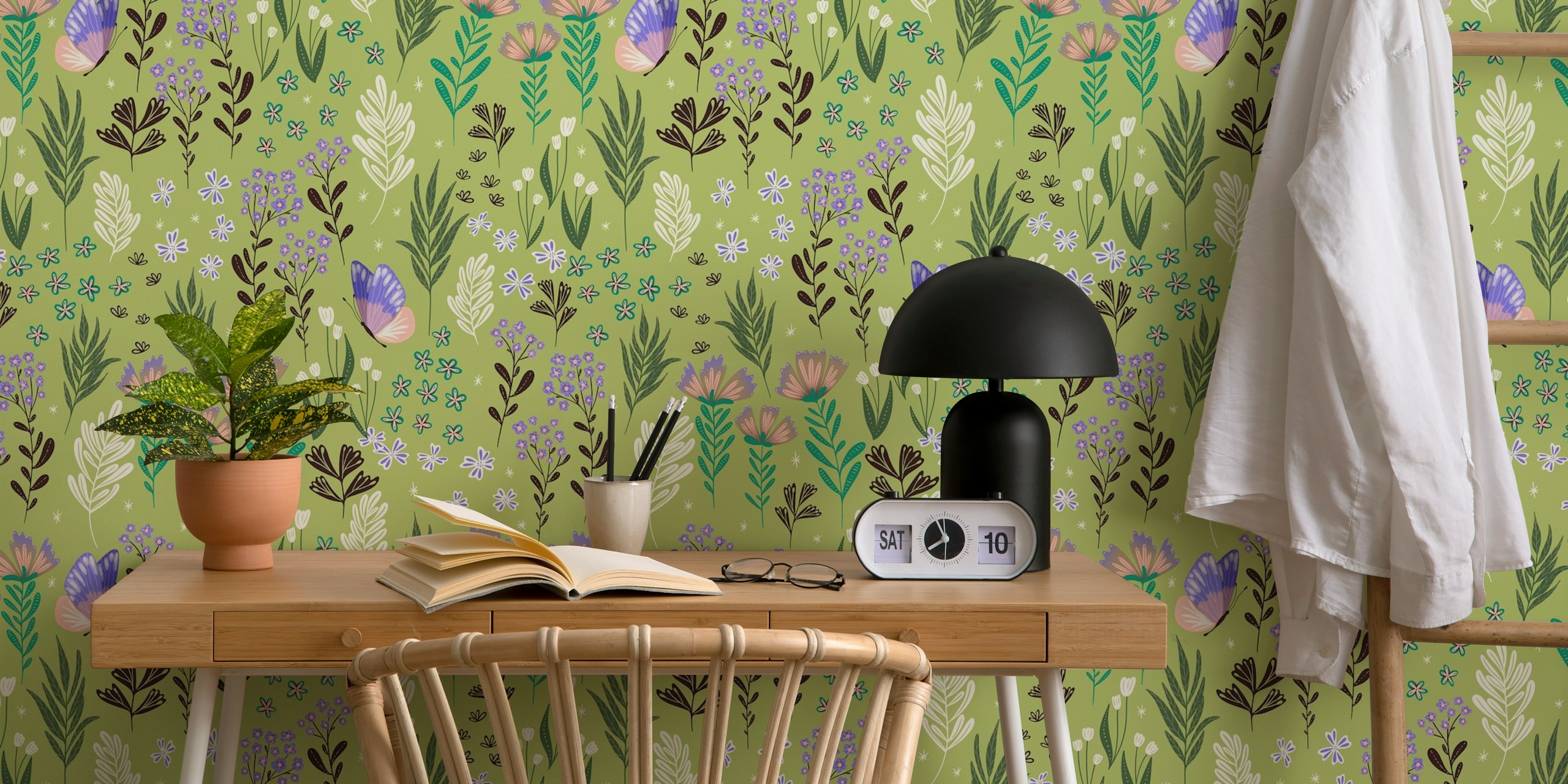 Floral green wallpaper with butterflies and various colorful flowers