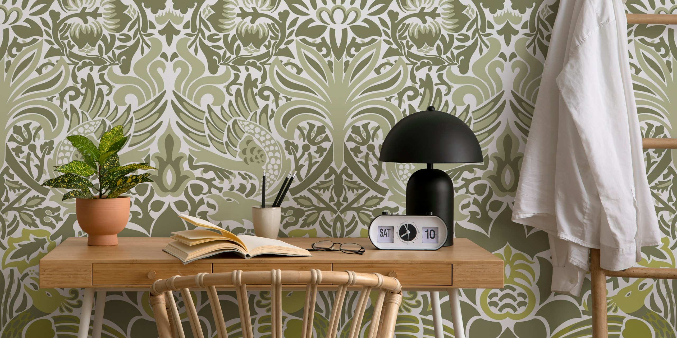 Victorian Peacock and Dragon pattern wall mural depicting a detailed and ornate design in shades of green