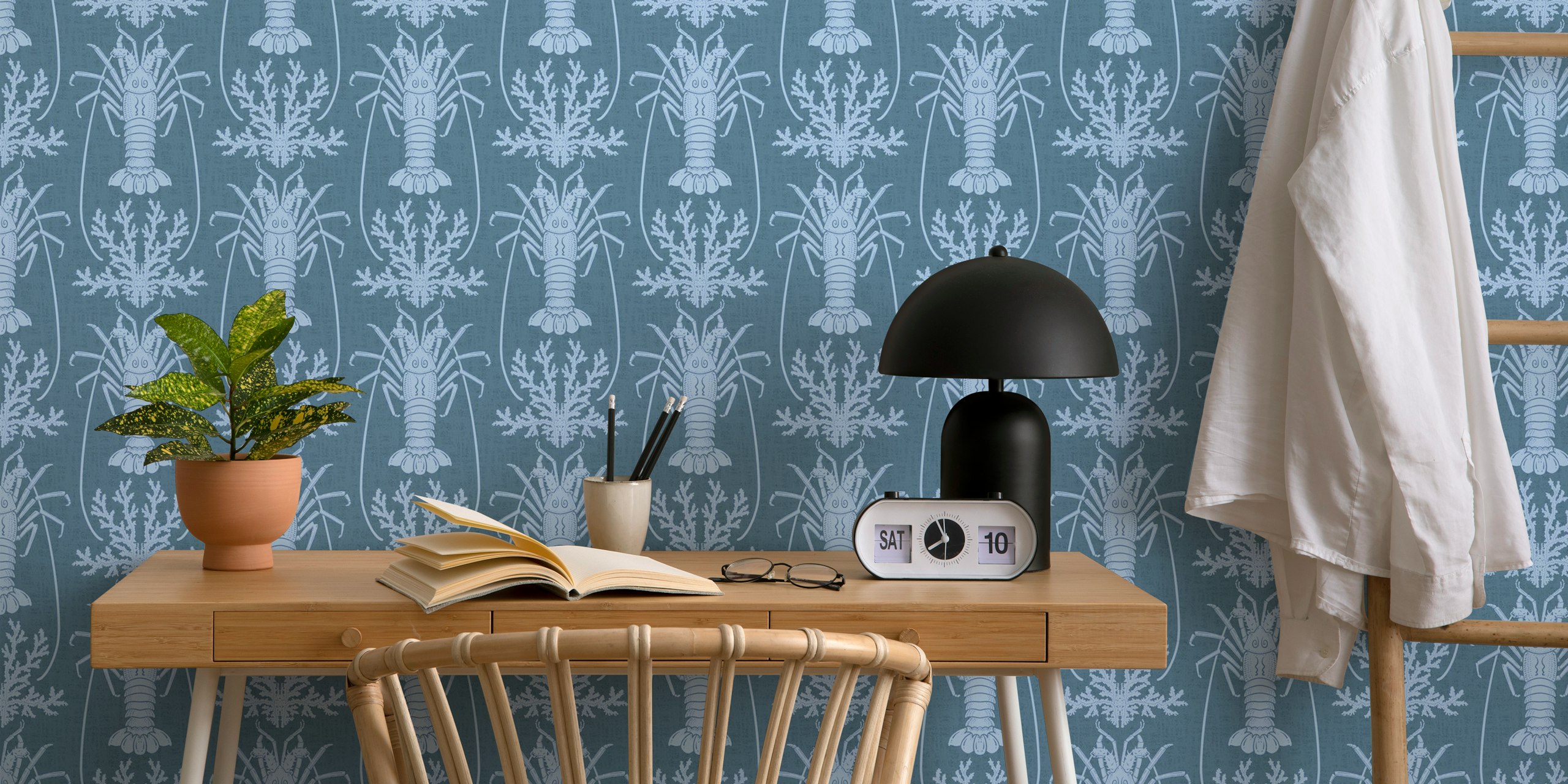 Blue folk art Languste wallpaper in a room