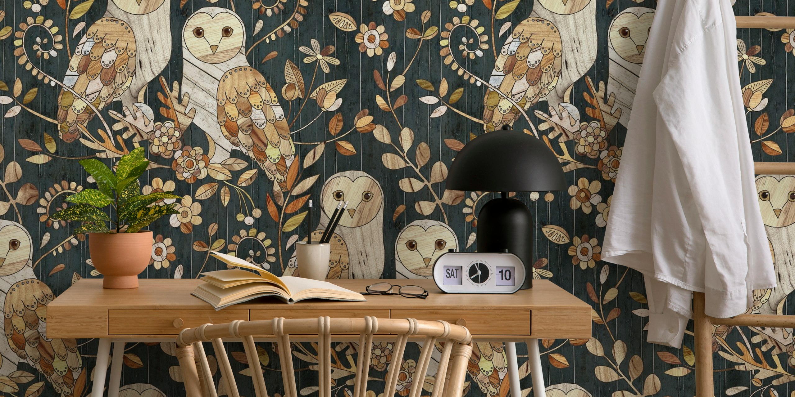 Ταπετσαρία Wooden Wonderland Barn Owl Collage σε ένα δωμάτιο