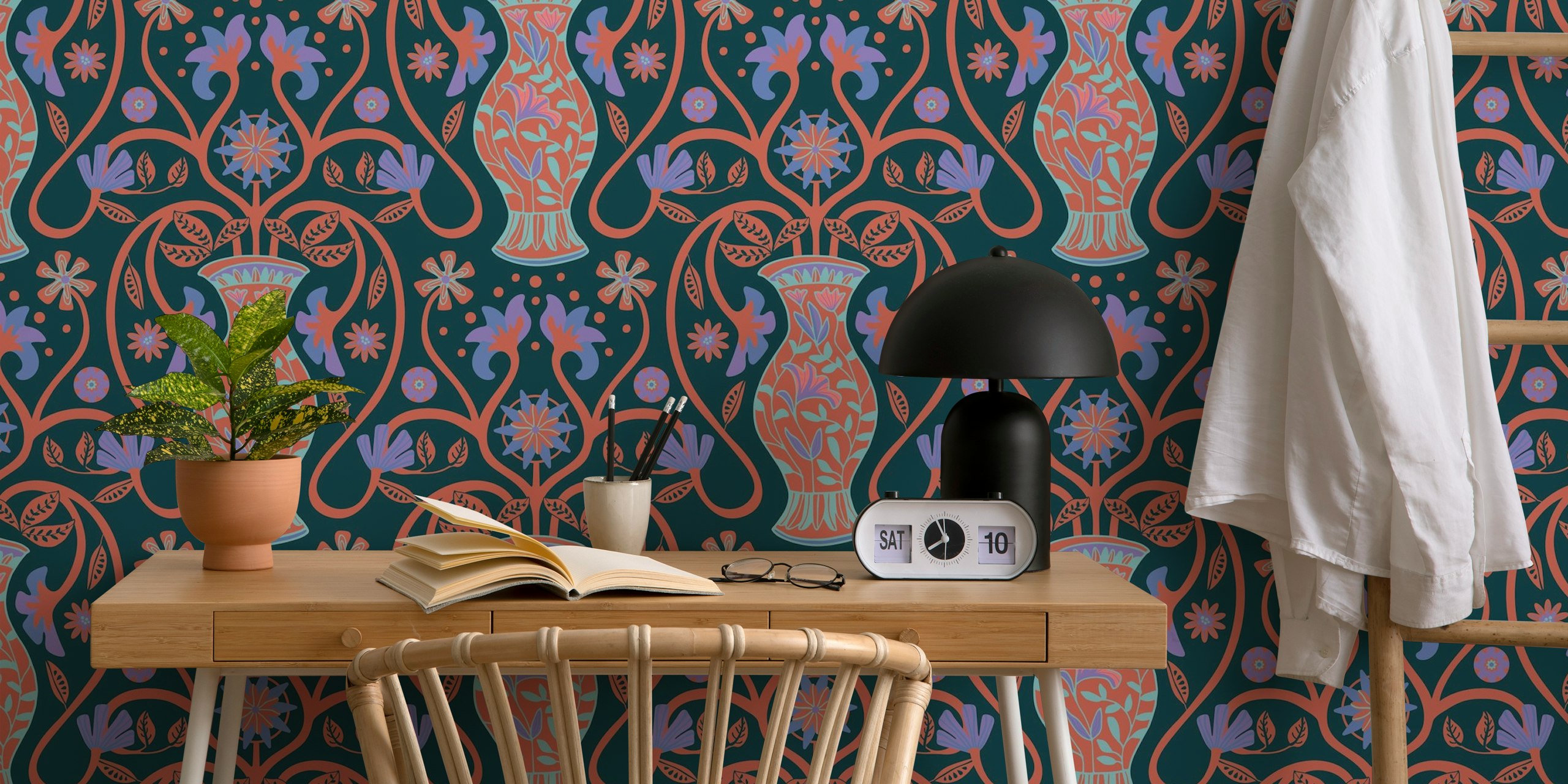 Mediterranean floral terracotta design with vases and flowers wallpaper