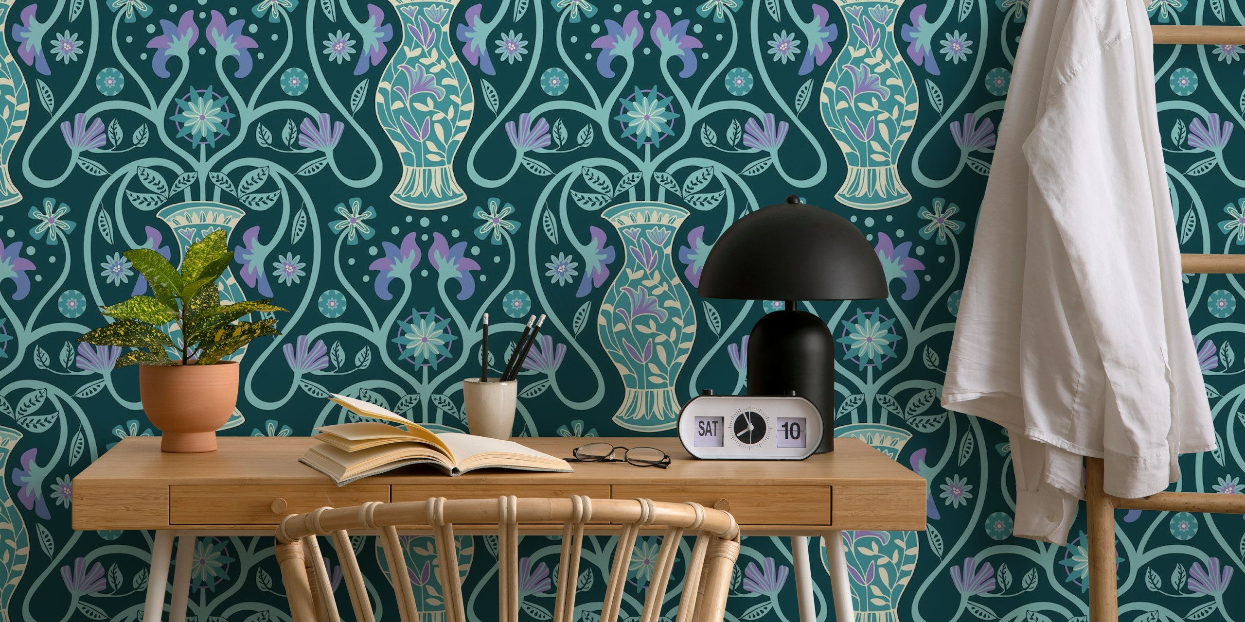 Hellena Mediterranean Greek Vase Floral Aqua Σχέδιο Ταπετσαρίας