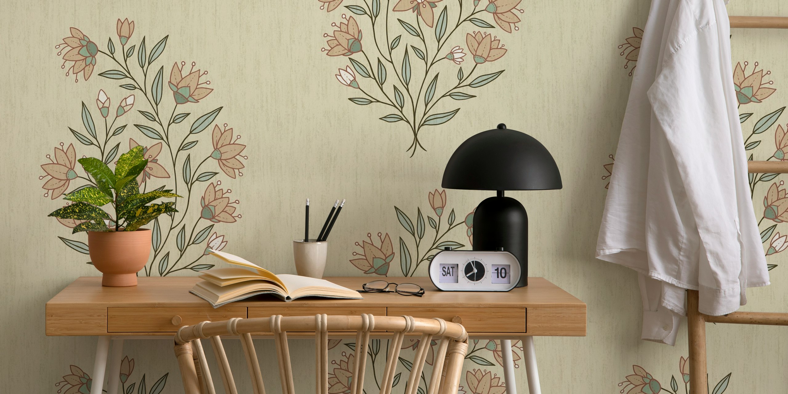 Delicate Mughal floral wallpaper with soft pastel colors