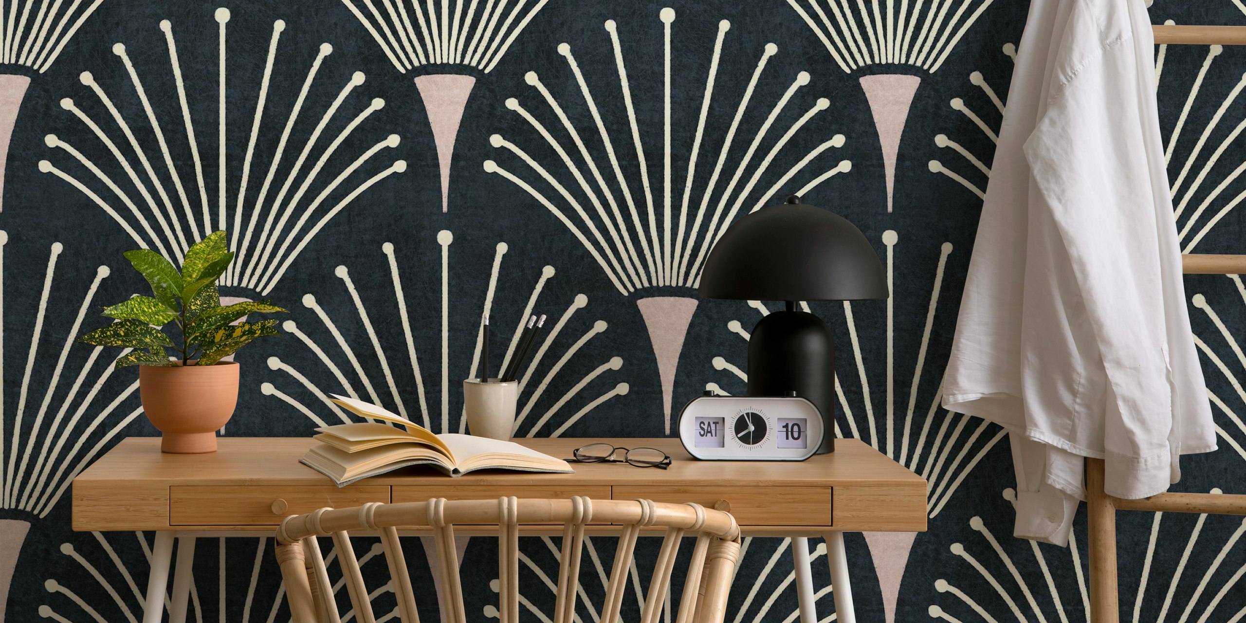 Albertine navy wallpaper displayed in a room