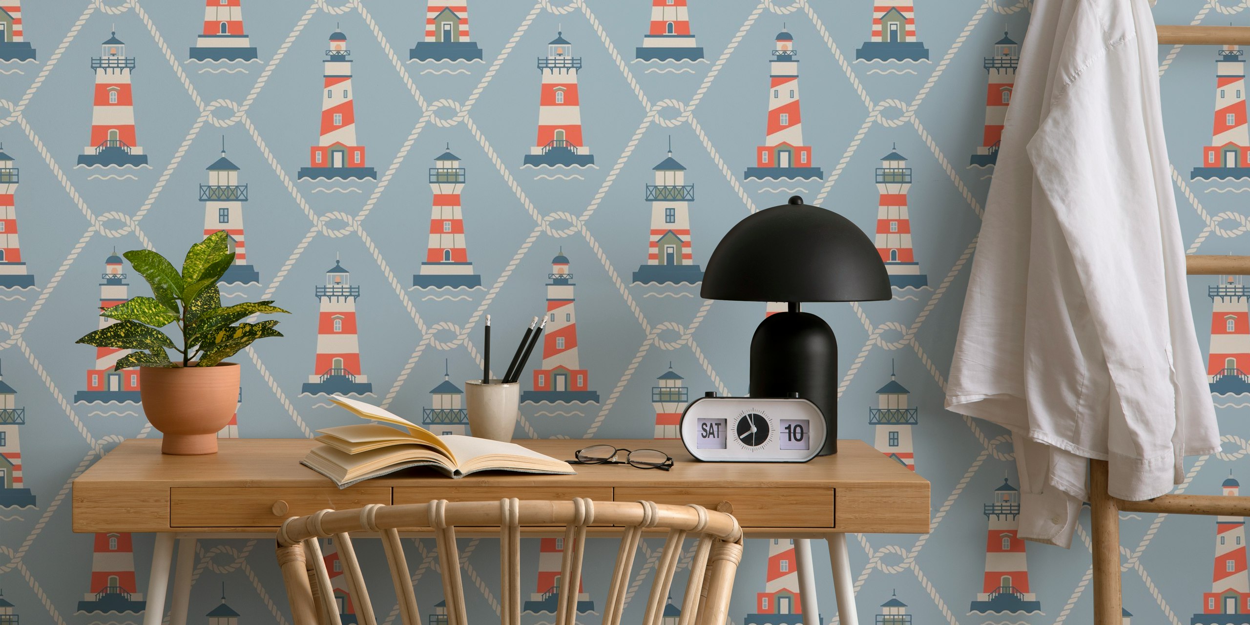 Coastal chic wall mural with gray and blue lighthouses pattern