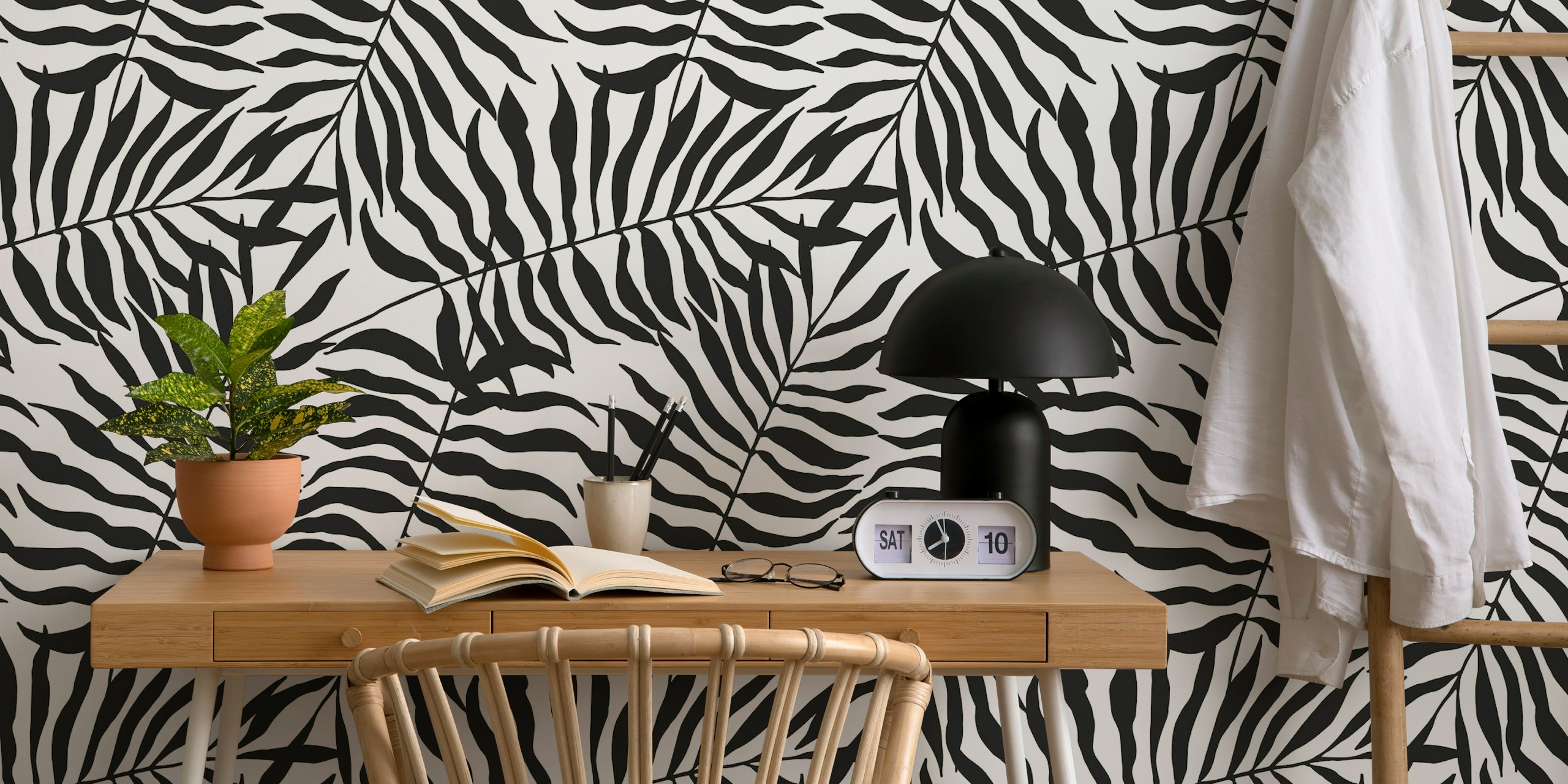 Zebra leaves pattern in black and white wallpaper