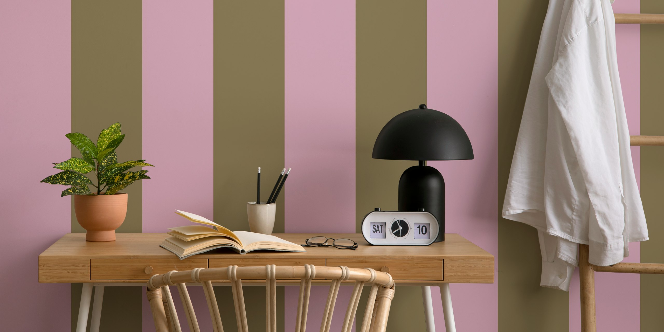 Striped wallpaper in pastel pink and green colors, modern design