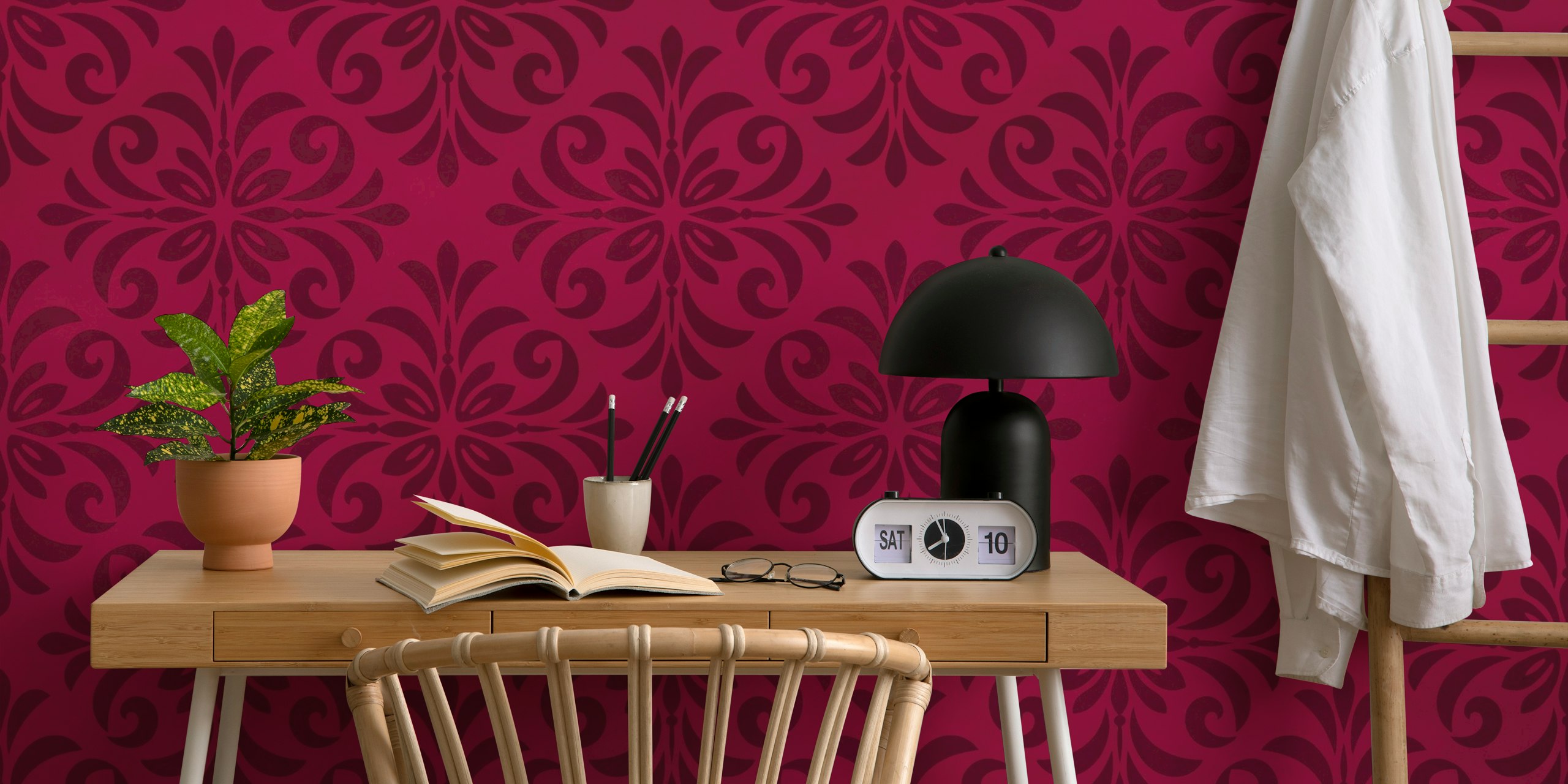 Red ornamental tile pattern wallpaper with classic design