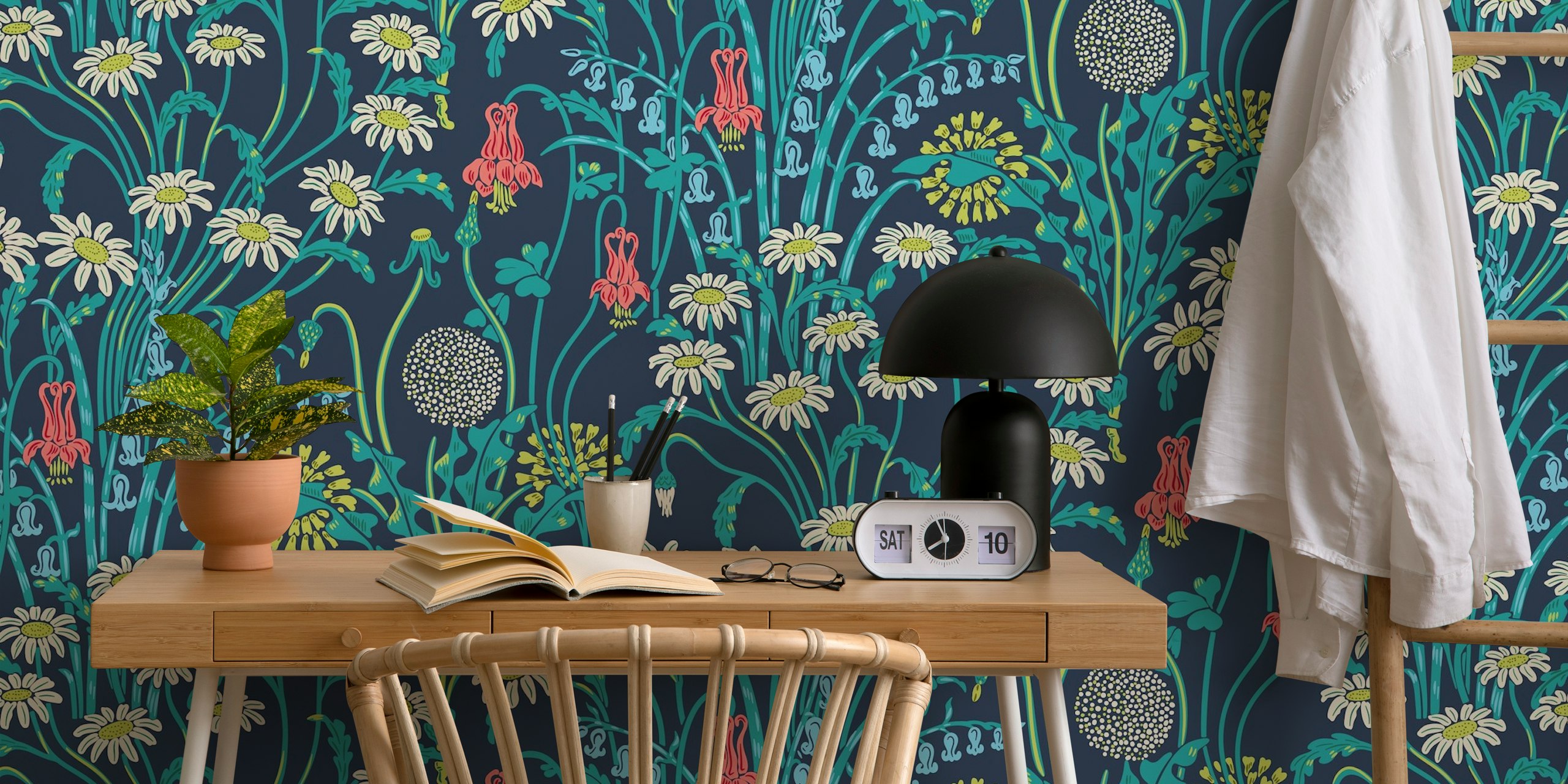 Floral and botanical design with white daisies and pink flowers on navy wallpaper