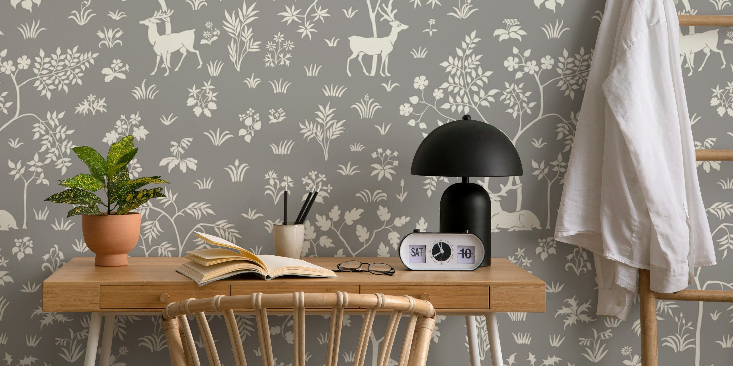 Vintage meadow wallpaper with deer on grey