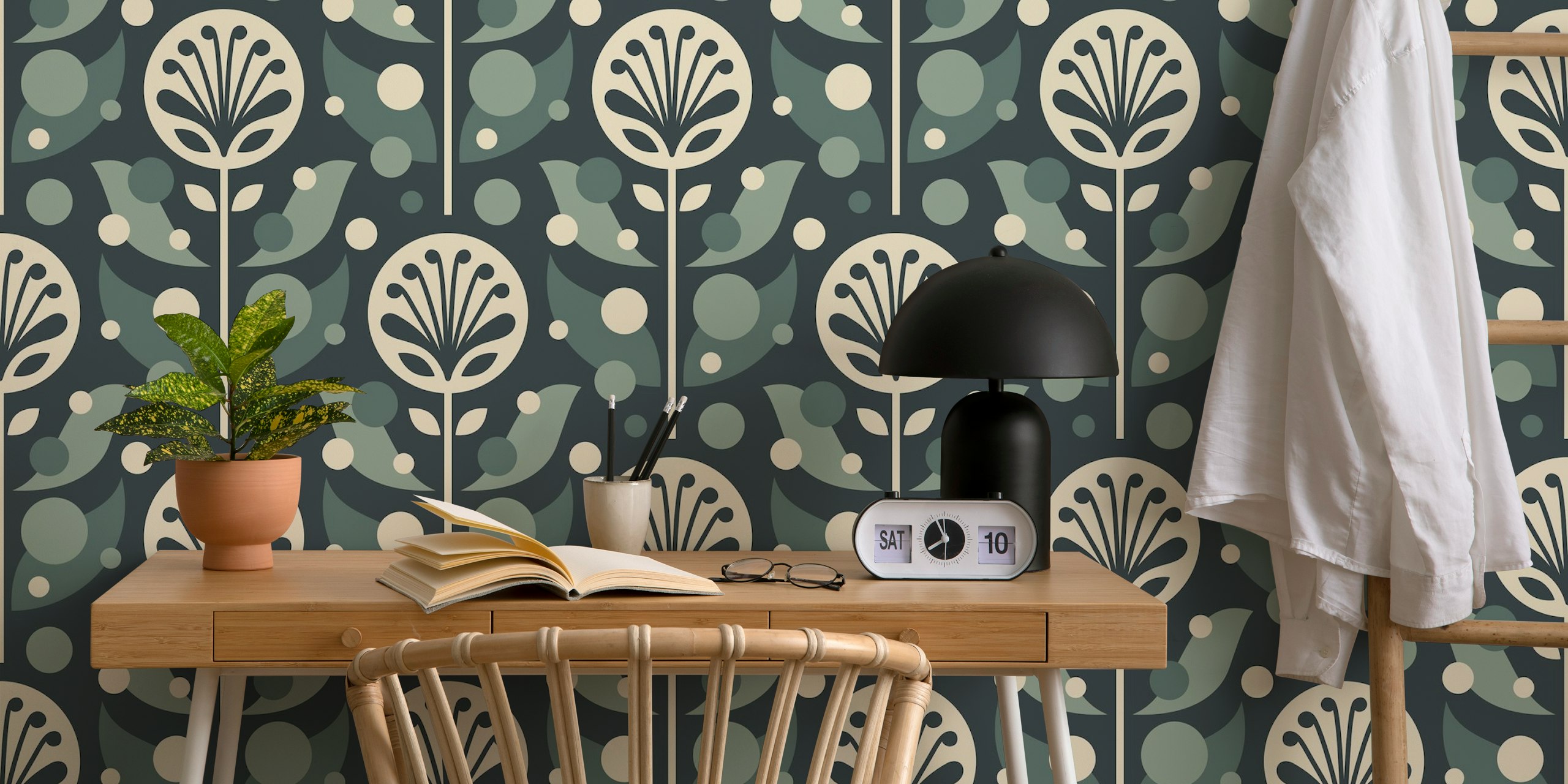 Sage green and cream floral pattern wallpaper with circles and abstract plants