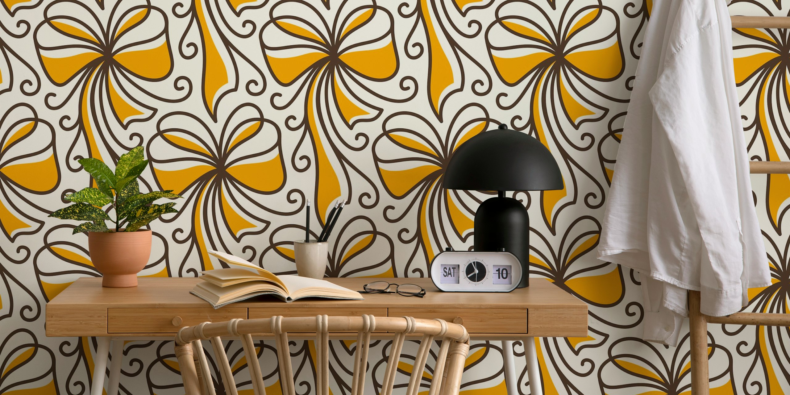 Yellow and brown bow pattern wallpaper