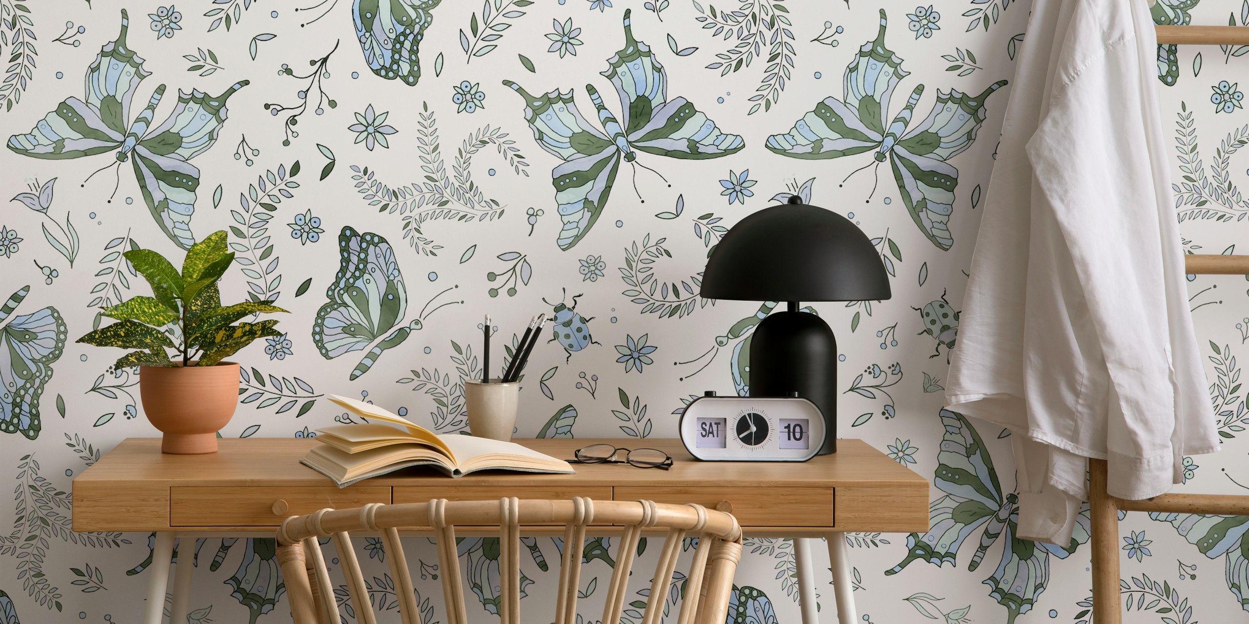 Green and blue butterfly pattern with flowers wallpaper