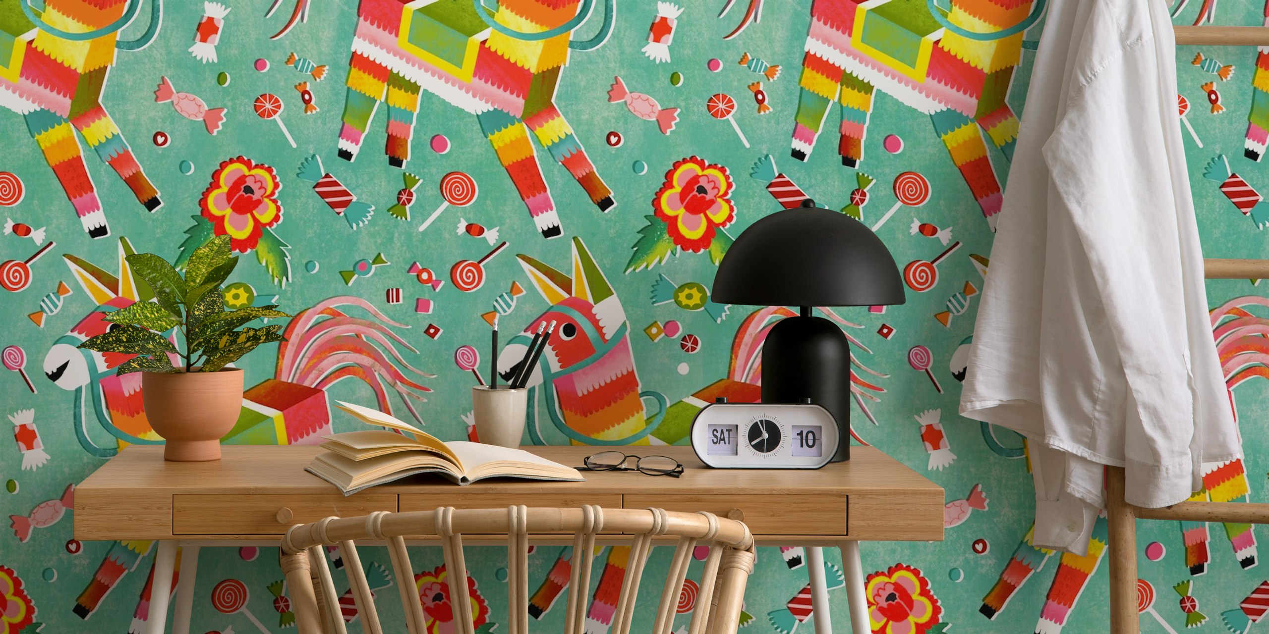 Colorful pinata horse sweets wallpaper in a room