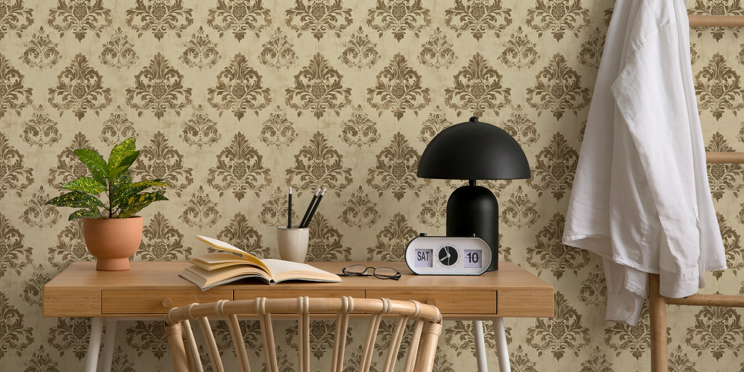 Vintage damask pattern wallpaper in beige and brown tones