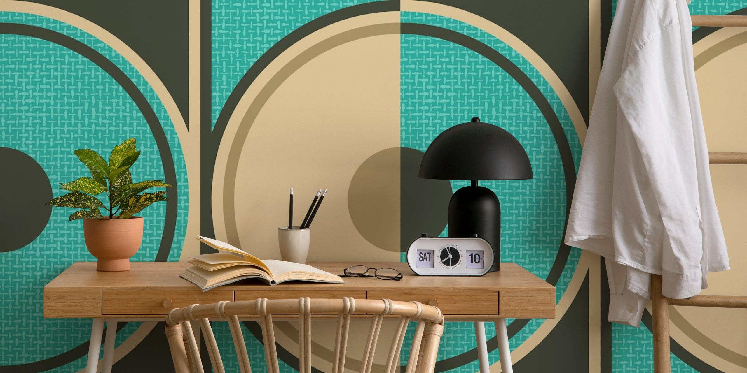 Papel de parede Retro Circles teal em um quarto