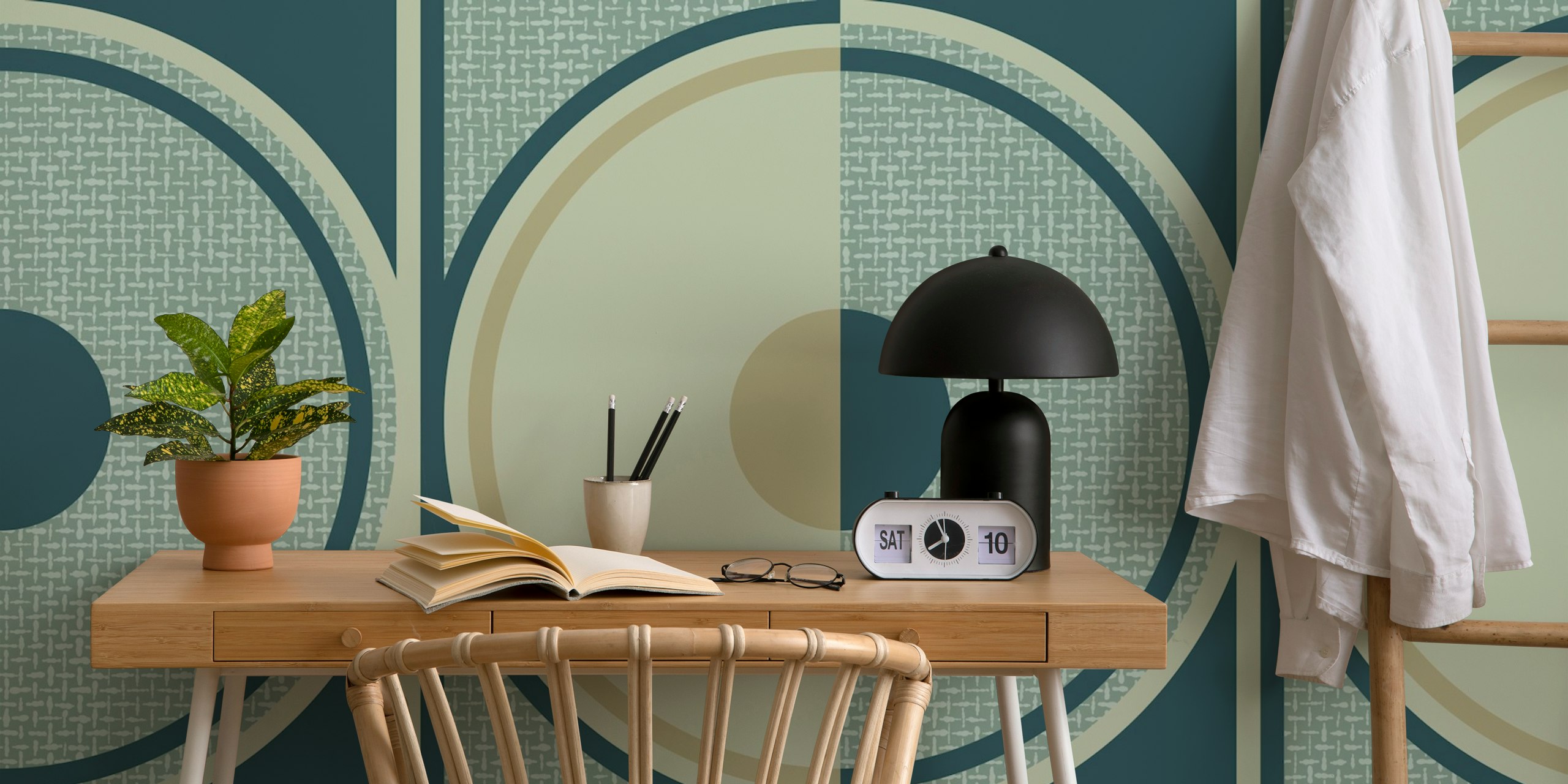 Tapeta Retro Circles smokey teal w pokoju