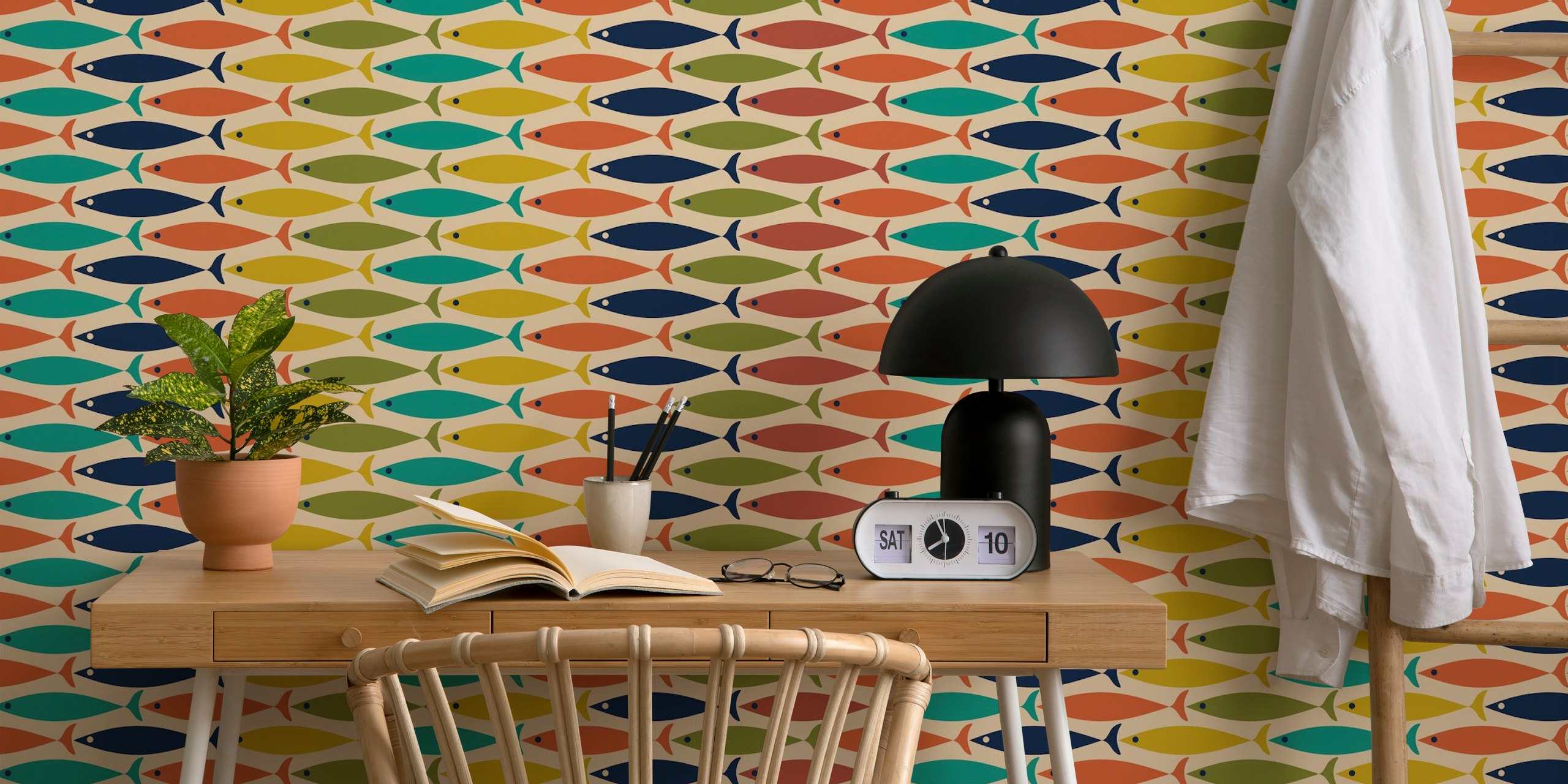 Ταπετσαρία Mid Century Modern Fish Stripes σε ένα δωμάτιο