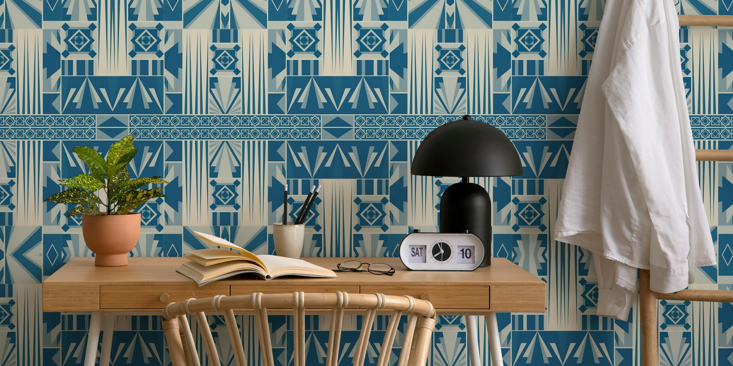Geometric patterns in teal and beige colors Art Deco wallpaper