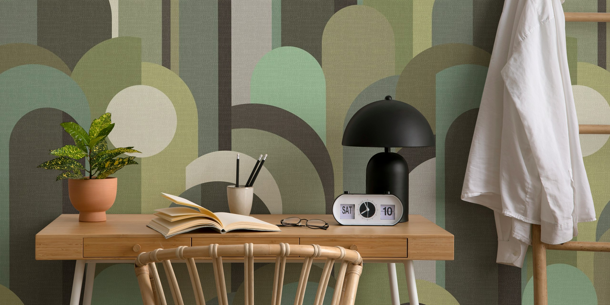 Abstract Geo Pattern Green Brown ταπετσαρία στο δωμάτιο