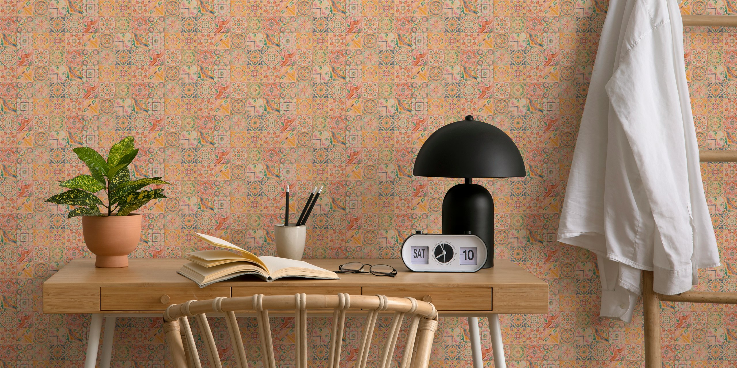 Colorful Spanish vintage tiles wallpaper in a room
