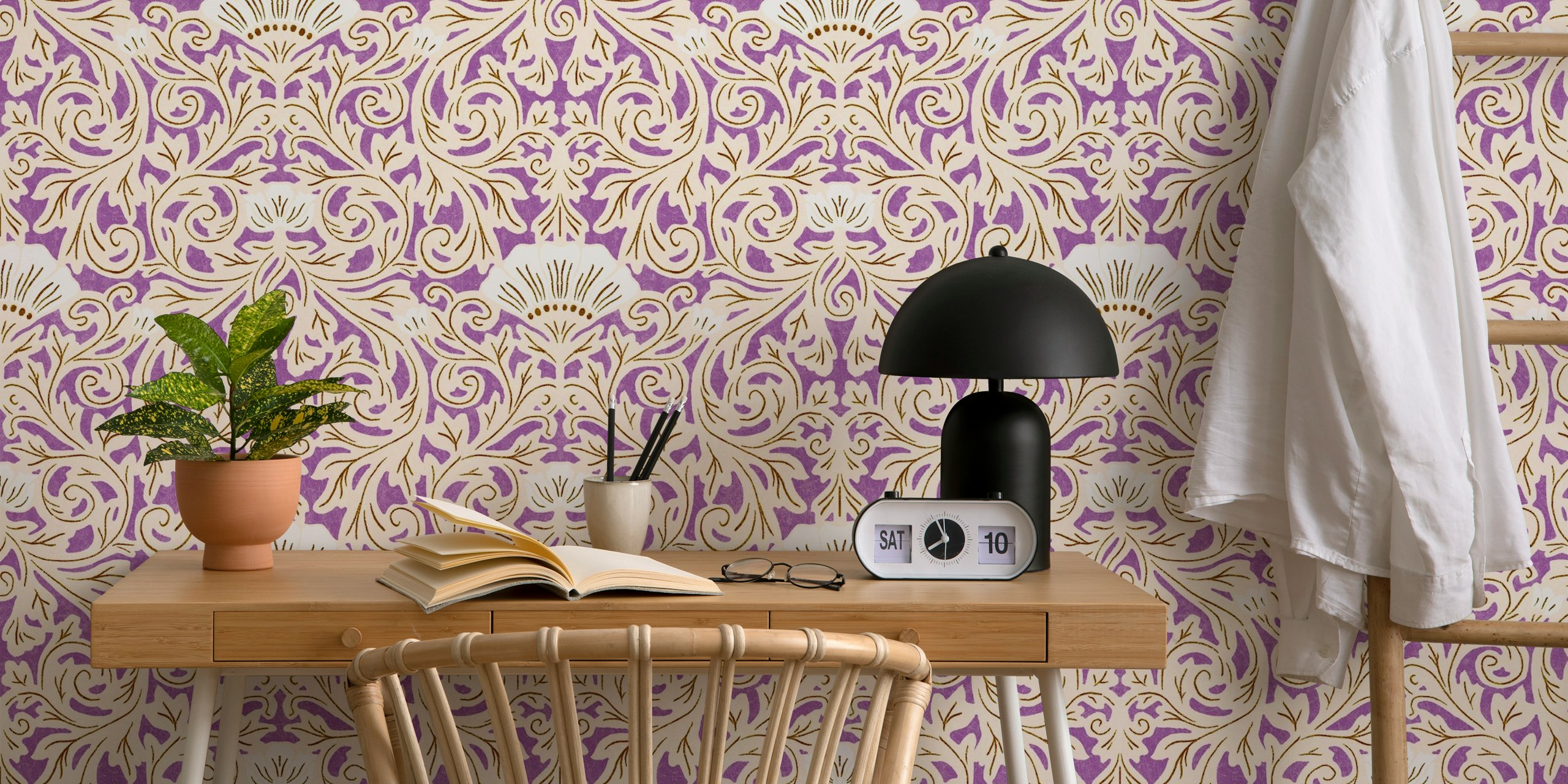 Purple patterned wallpaper in a room