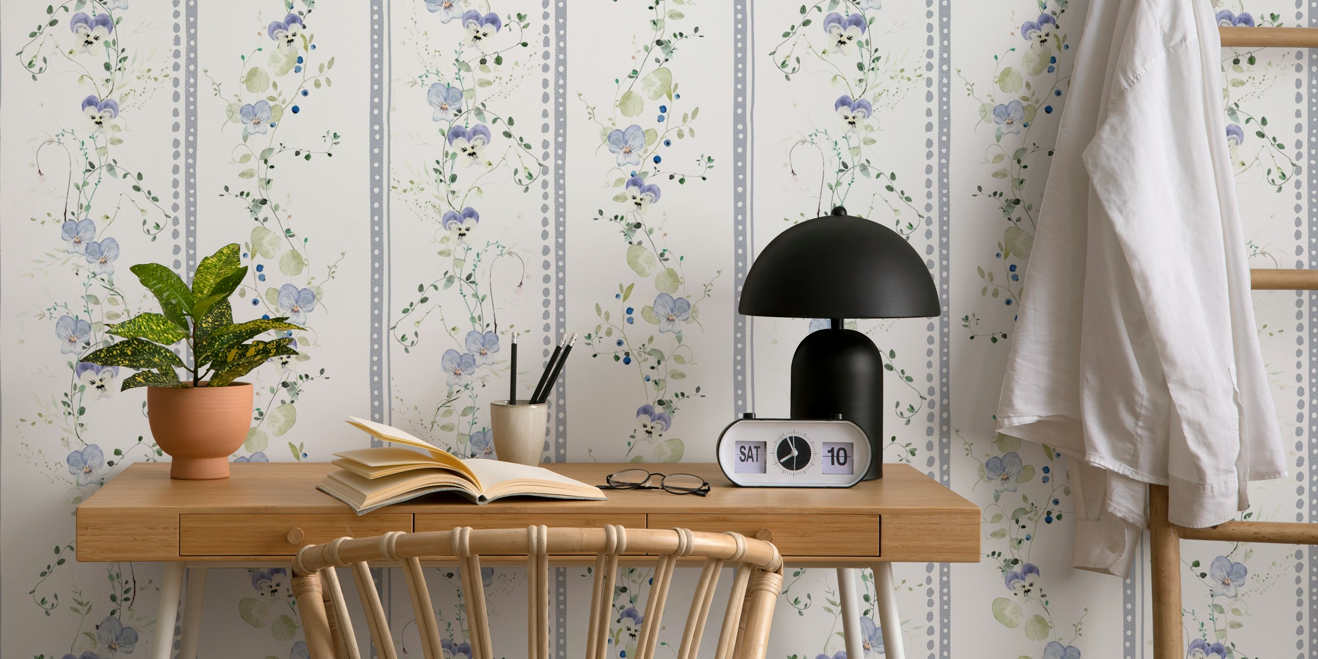 Purple floral strip design on a white background wallpaper