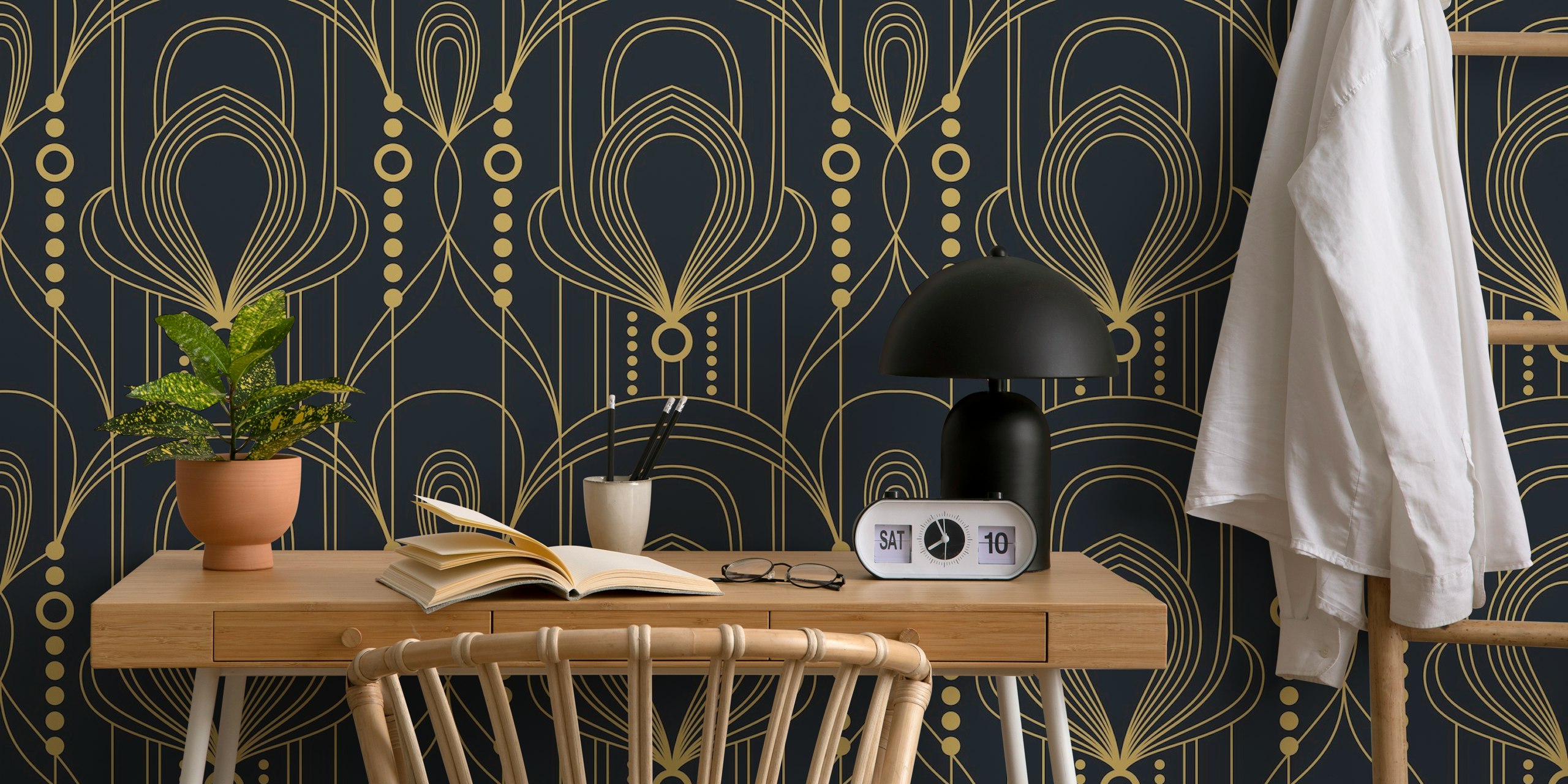 Art Deco Lines Black and Gold wallpaper in a room