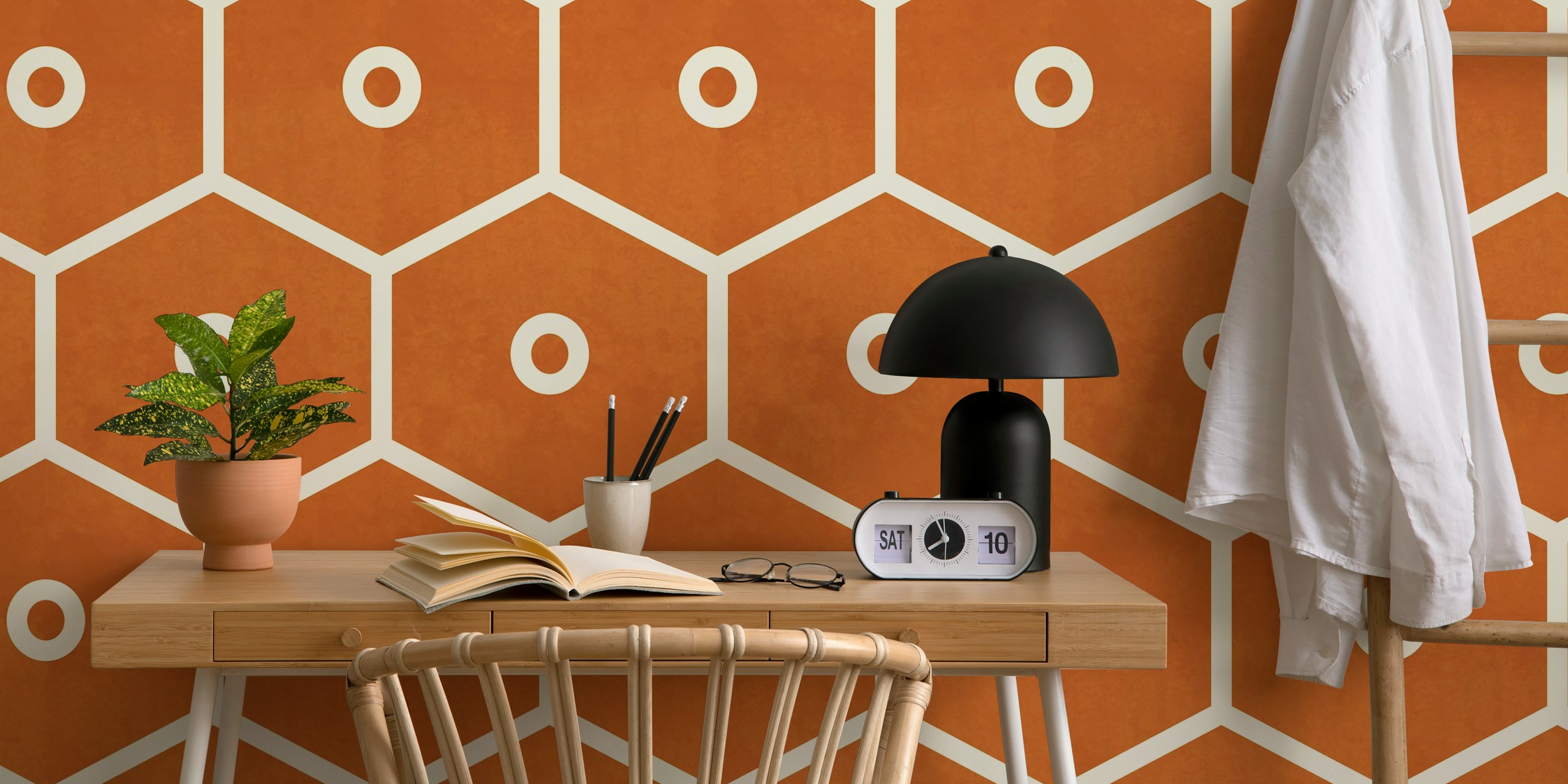 Honeycomb rust ivory vintage boho wallpaper in a room