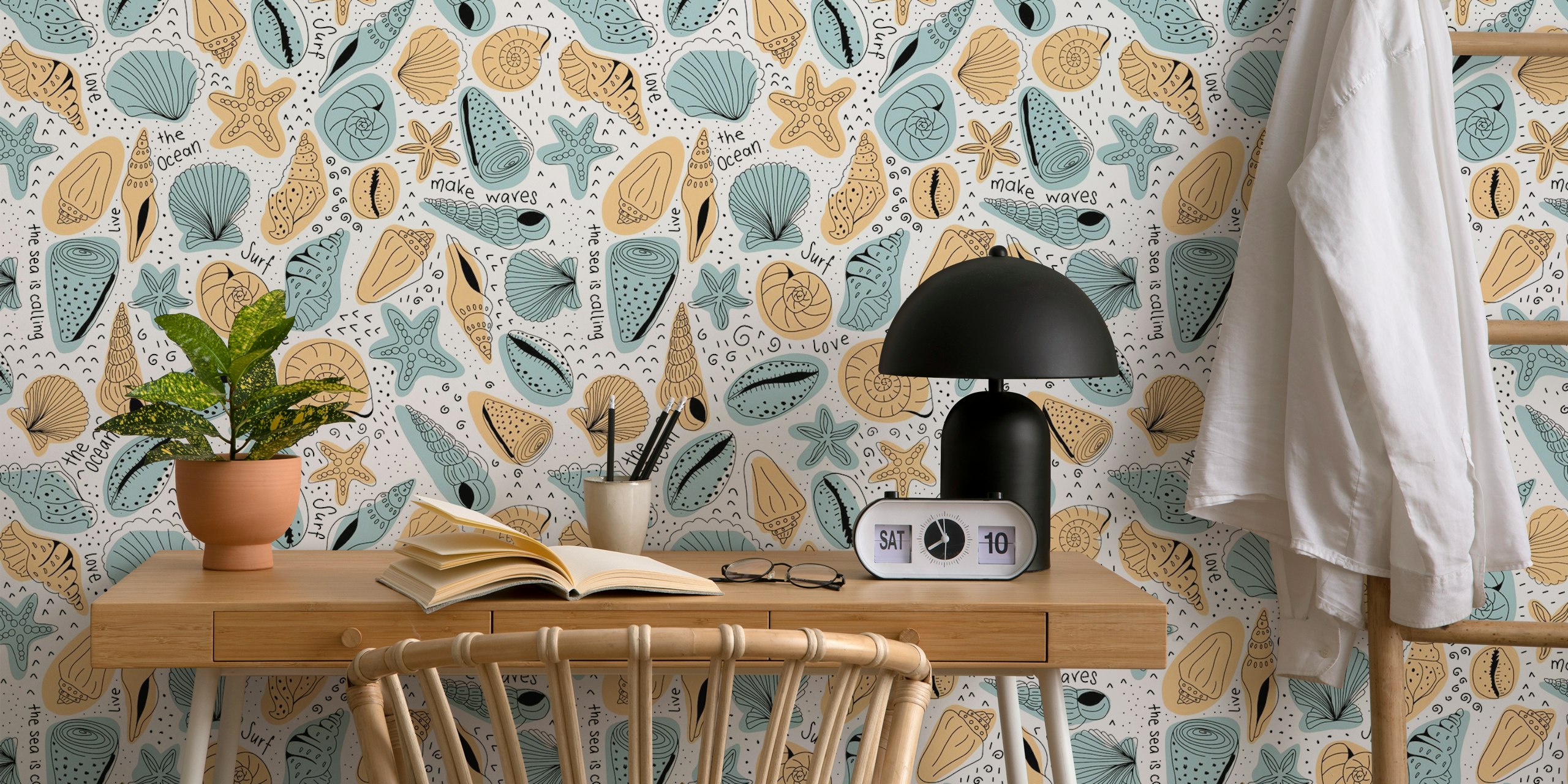 Seashells, starfish, and ocean motifs in orange and blue wallpaper