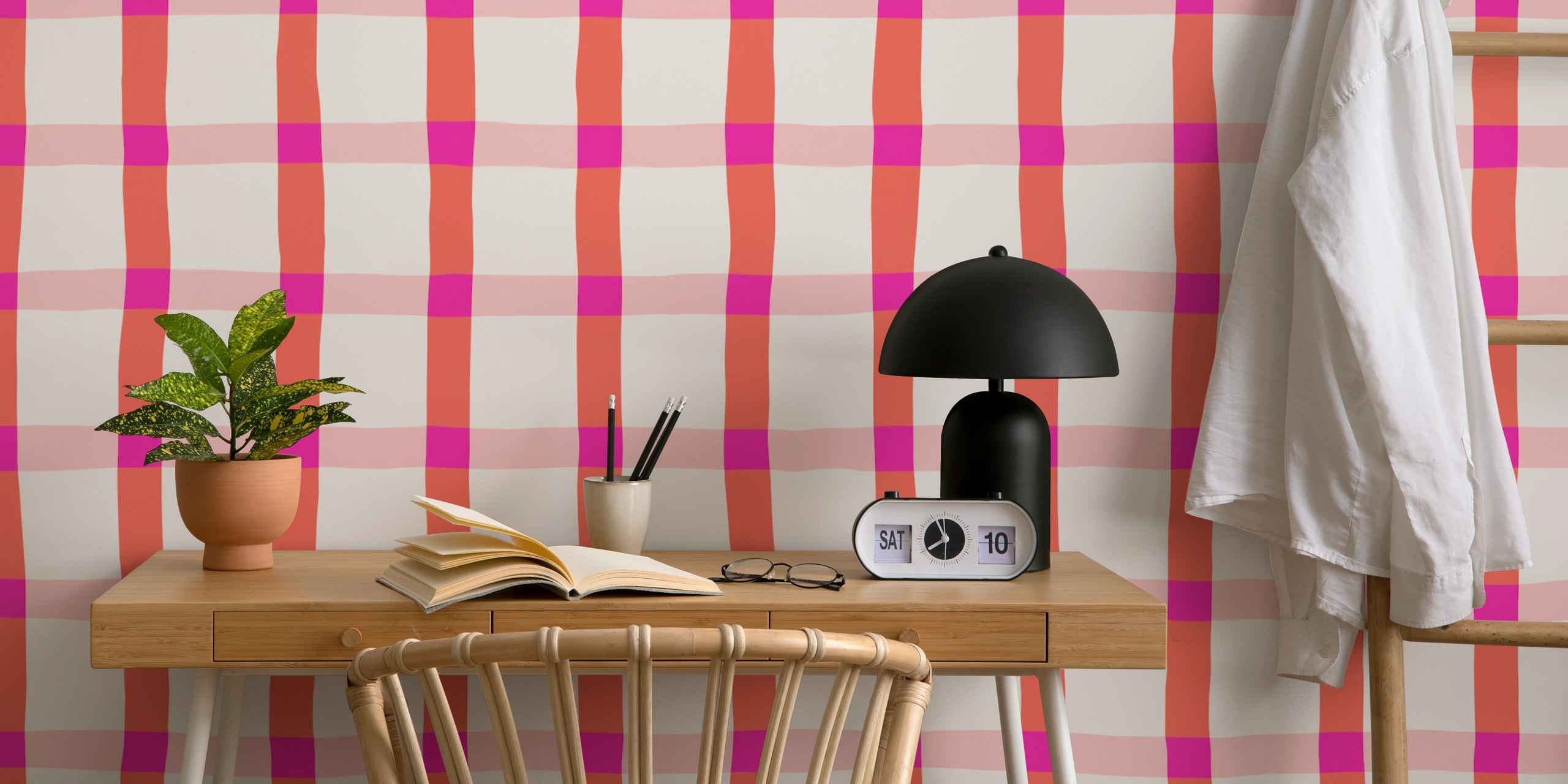 Pink and coral plaid pattern wallpaper