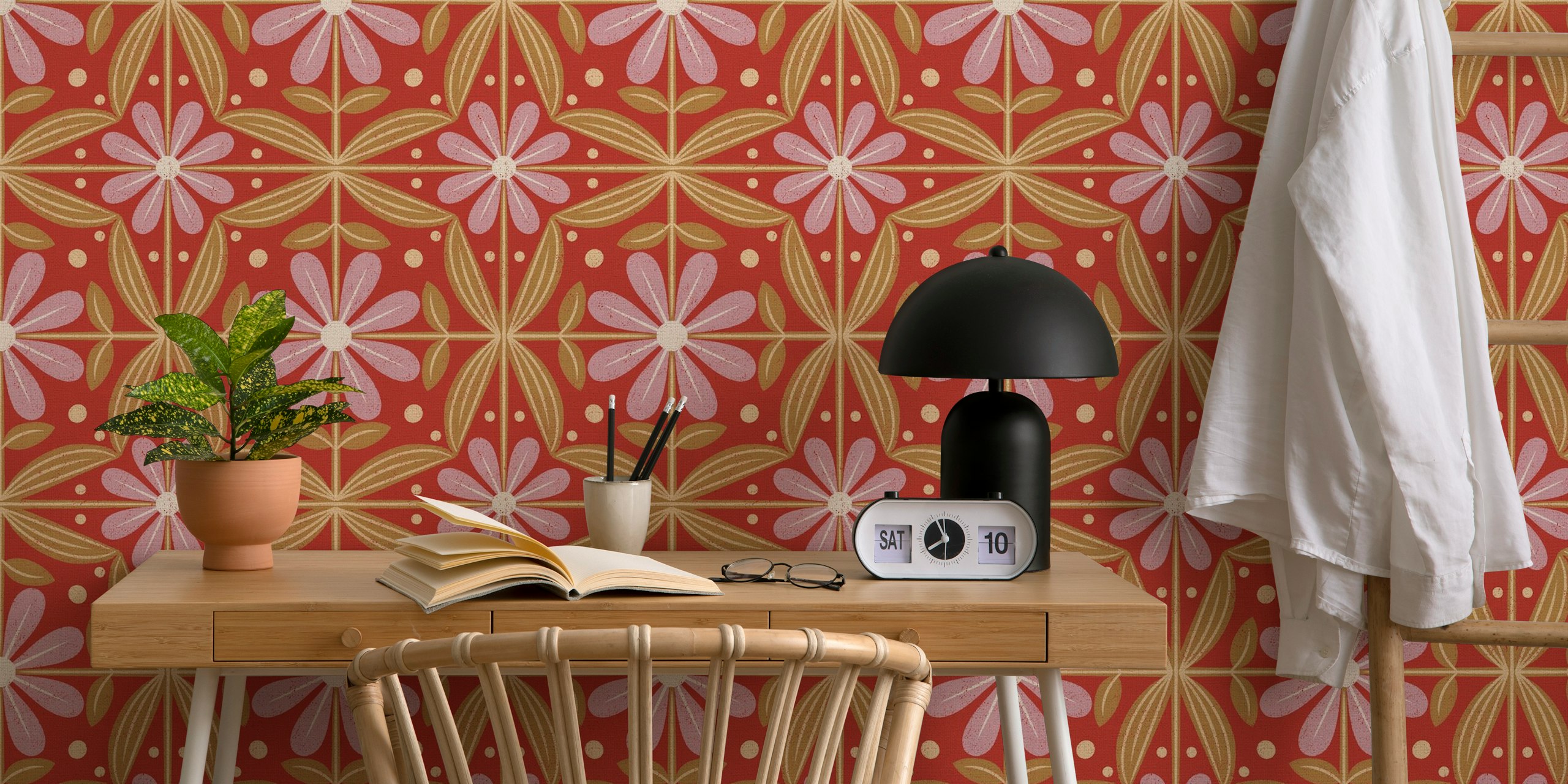 Papel tapiz Boho floral tiles en una habitación