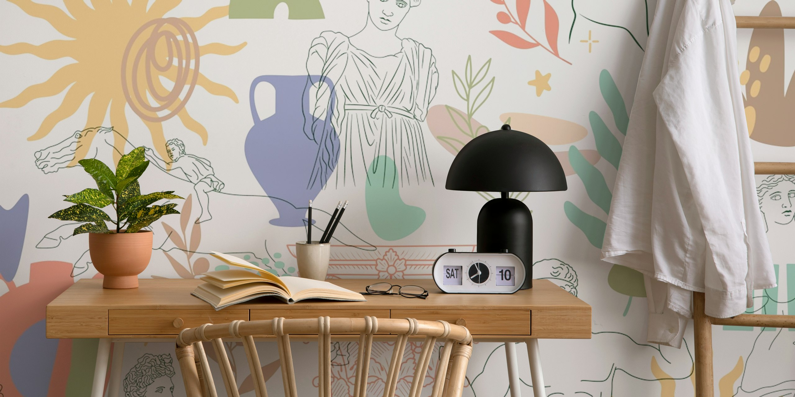 Greek motifs with colorful vases and figures in style wallpaper