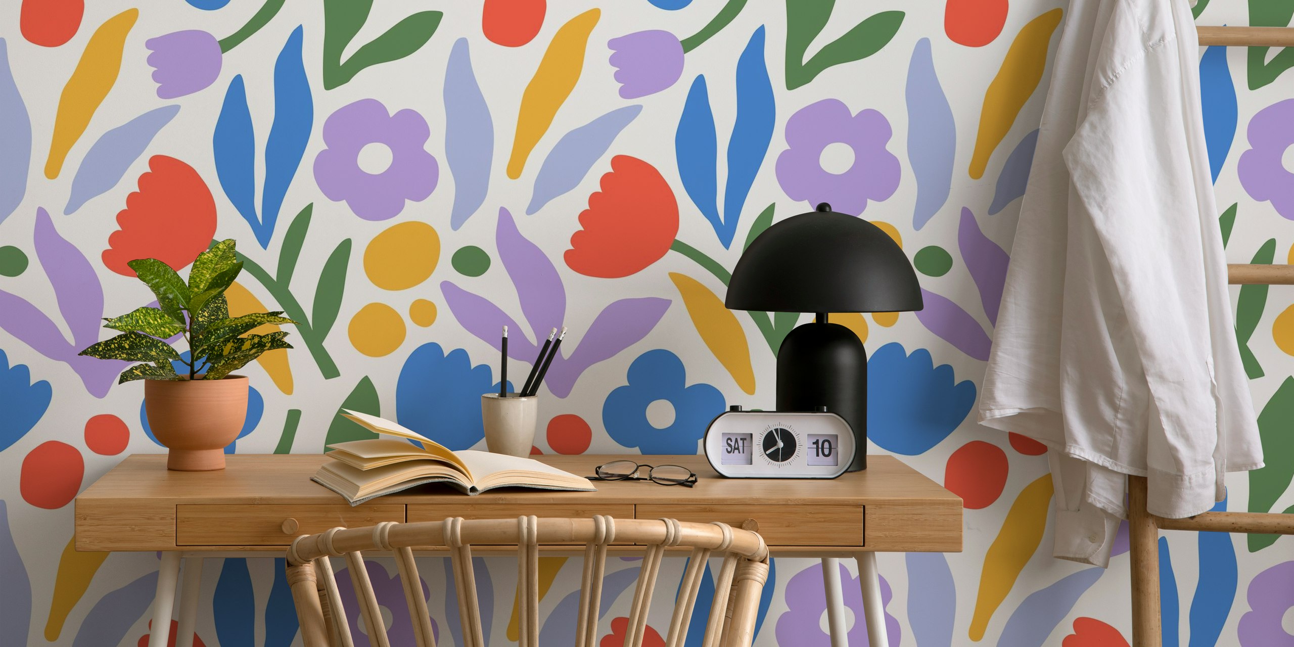 Papel de parede Color Burst Flora em um ambiente de quarto