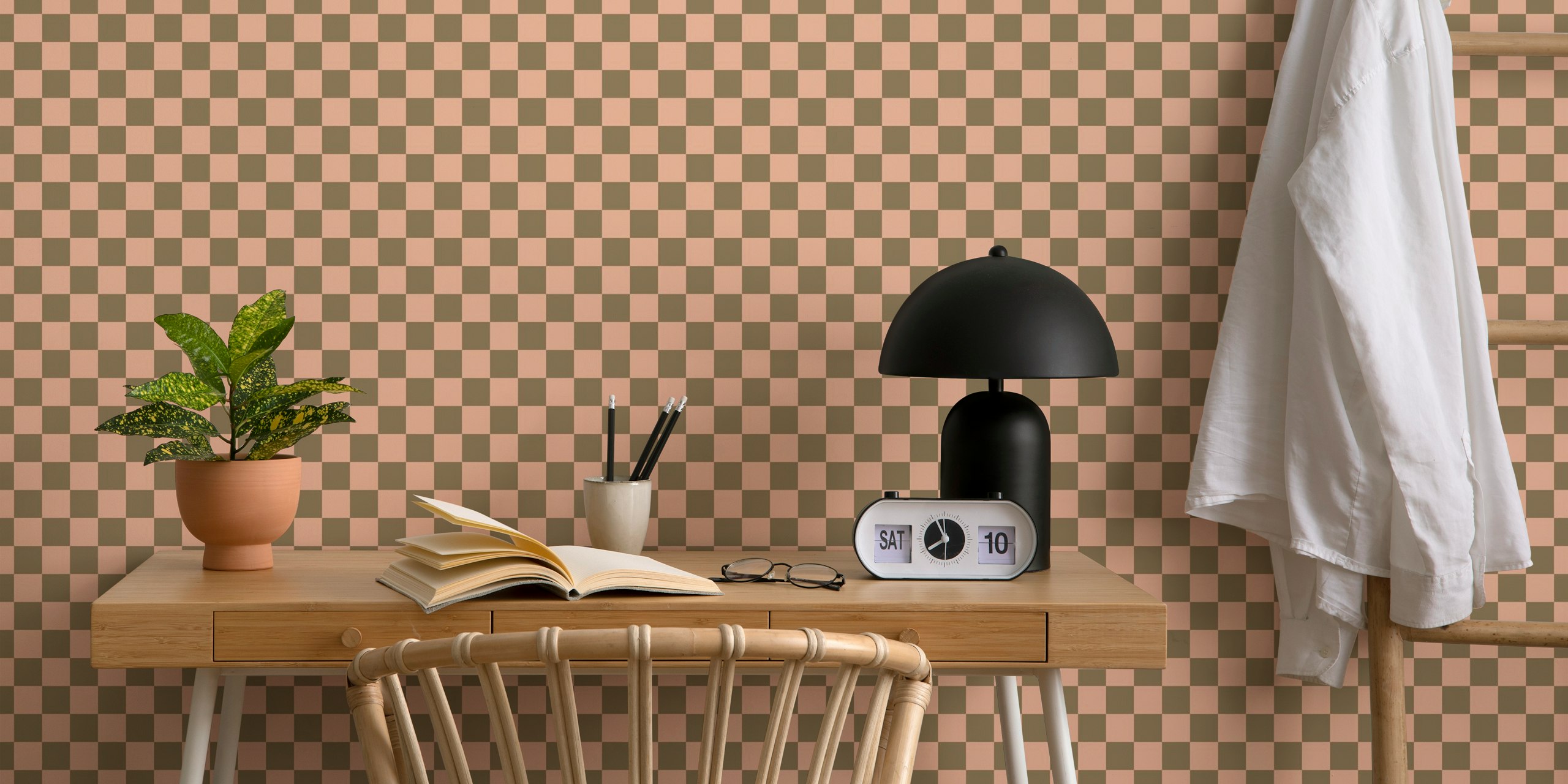Classic check plaid wallpaper in pink and brown