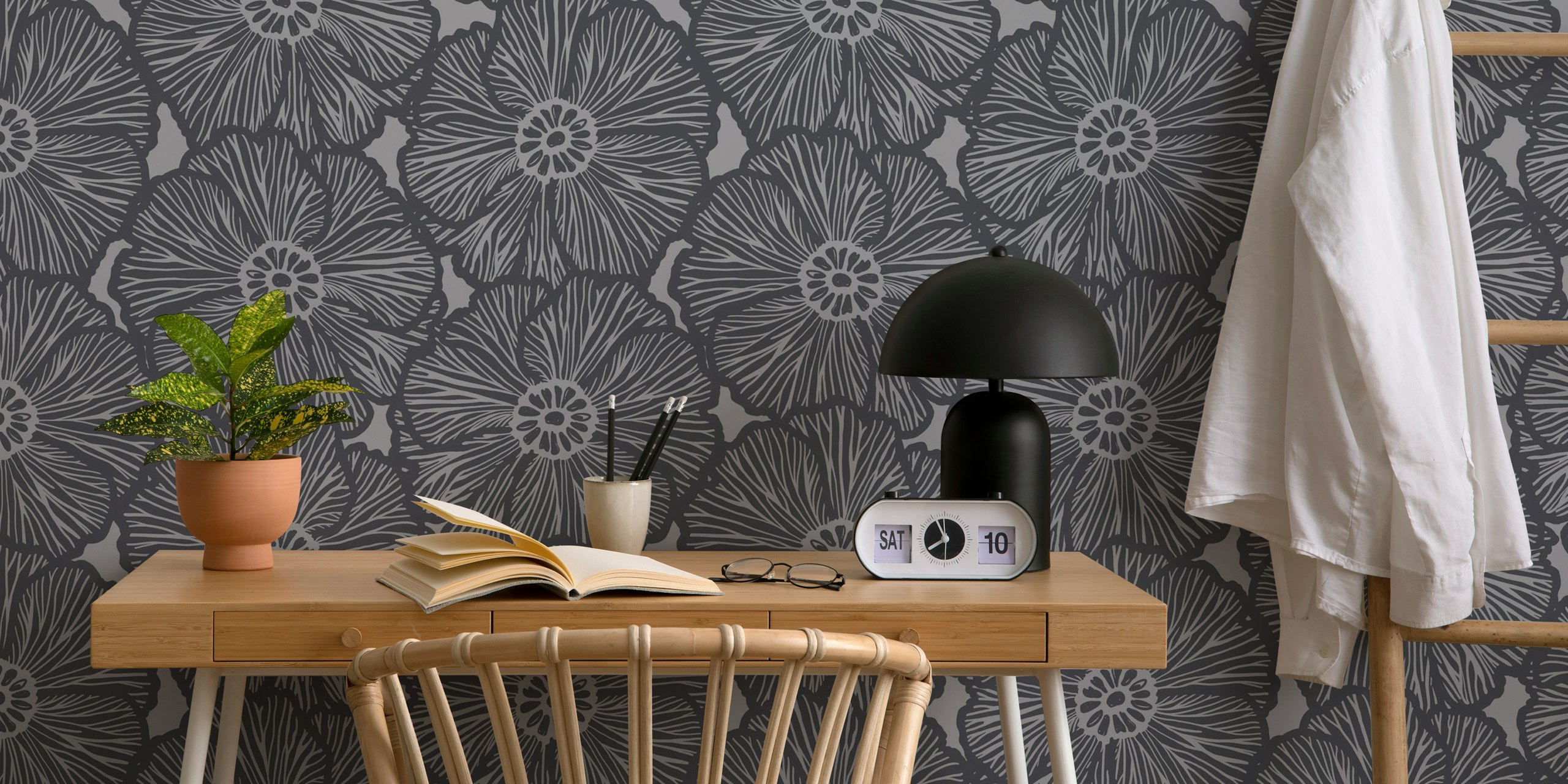 Black floral pattern wallpaper with large abstract flowers