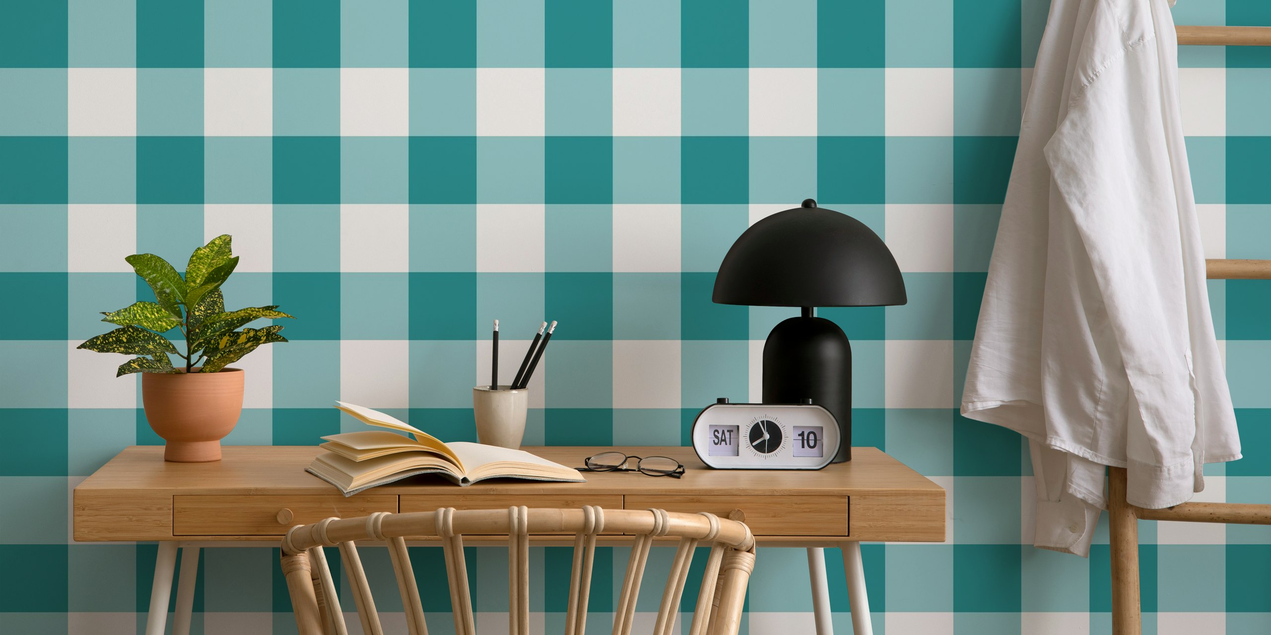 Gingham teal wallpaper in a stylish room
