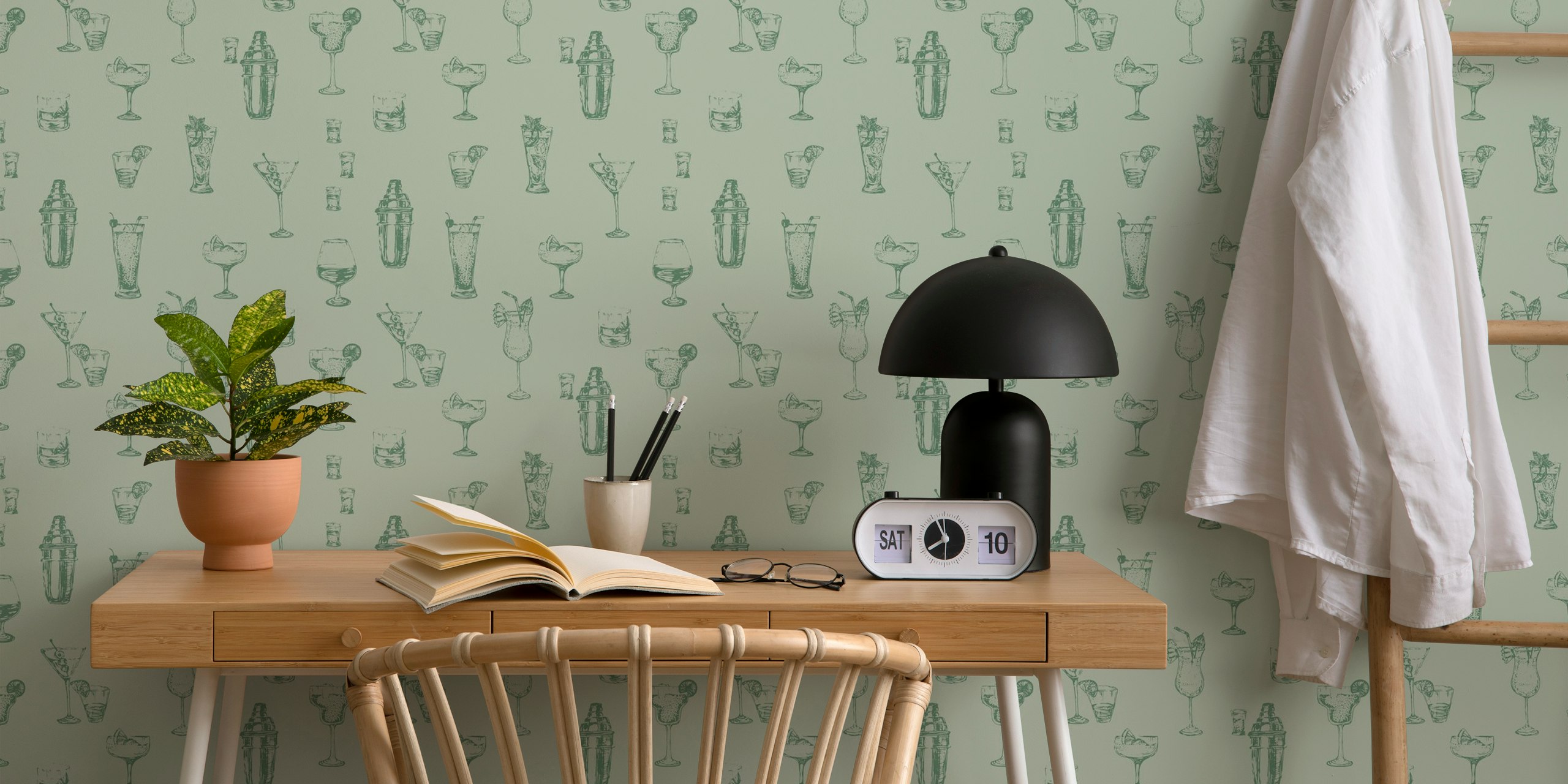 Cocktail glasses and shaker illustrations in green on light background wallpaper