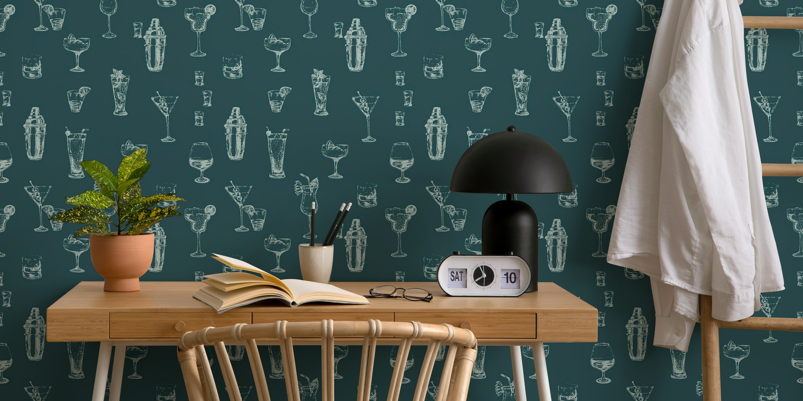 Cocktail glasses and drink shaker pattern on teal background wallpaper